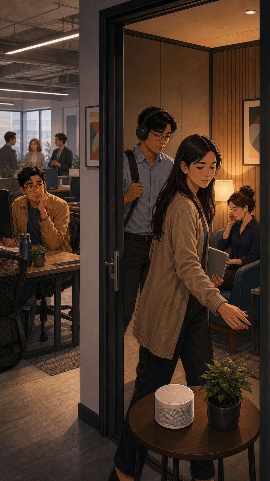 Coworkers use the quiet room with Devon's sound machine left inside.
