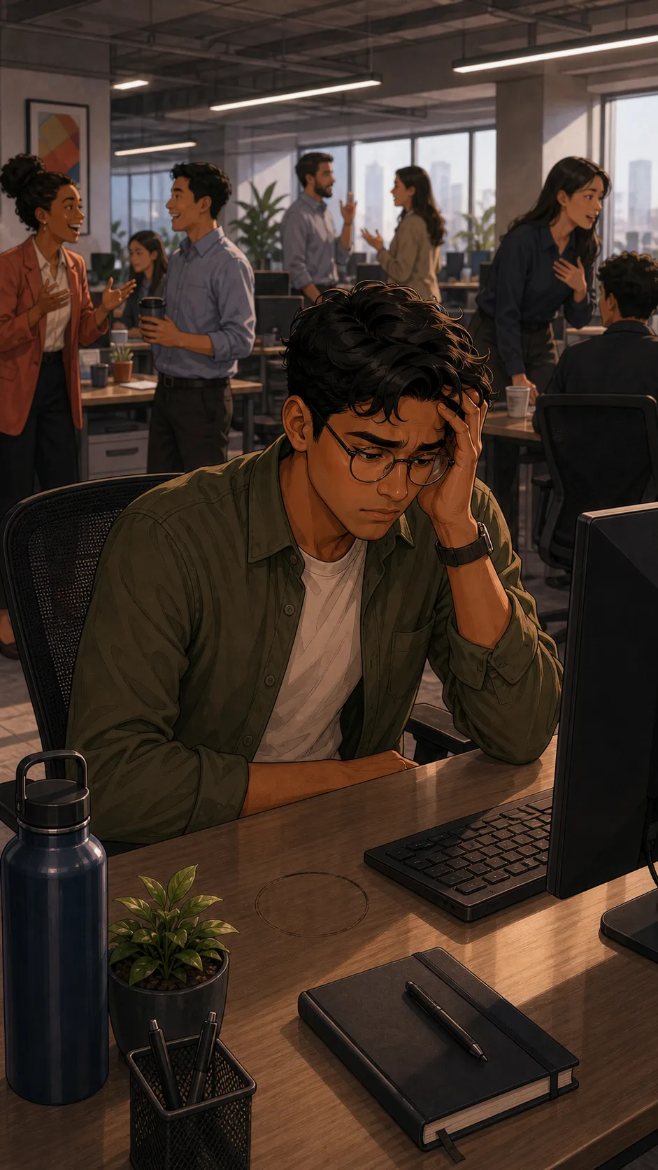 Devon looks at the empty spot on his desk where his sound machine used to be.