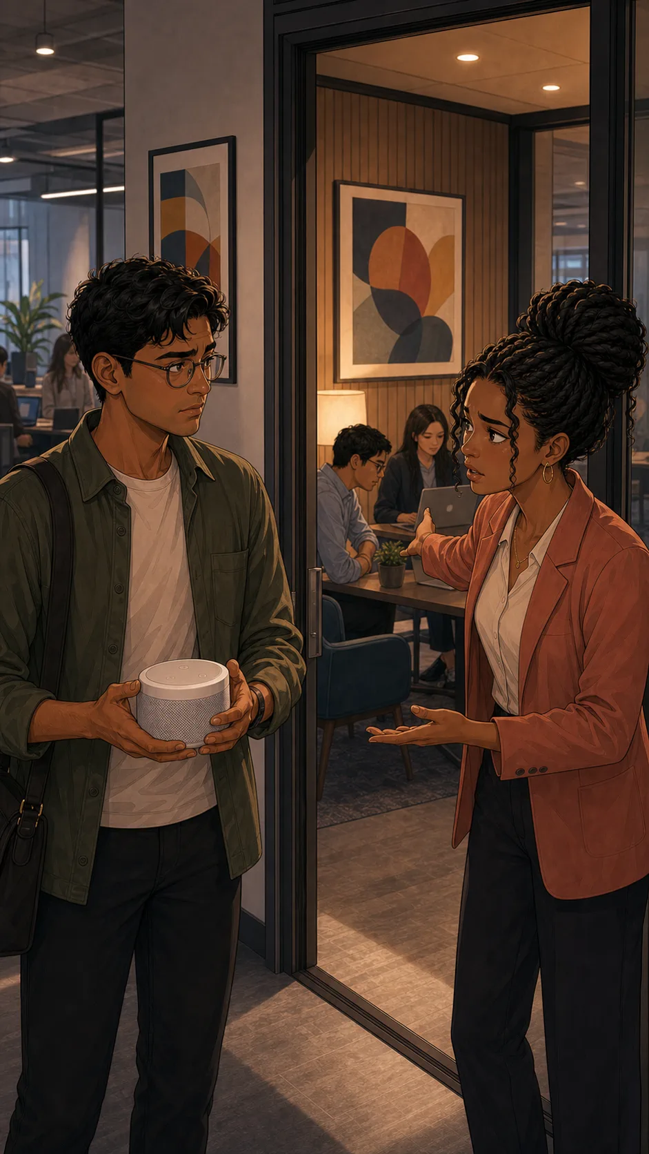 Devon and Mira discuss the sound machine outside the quiet room.
