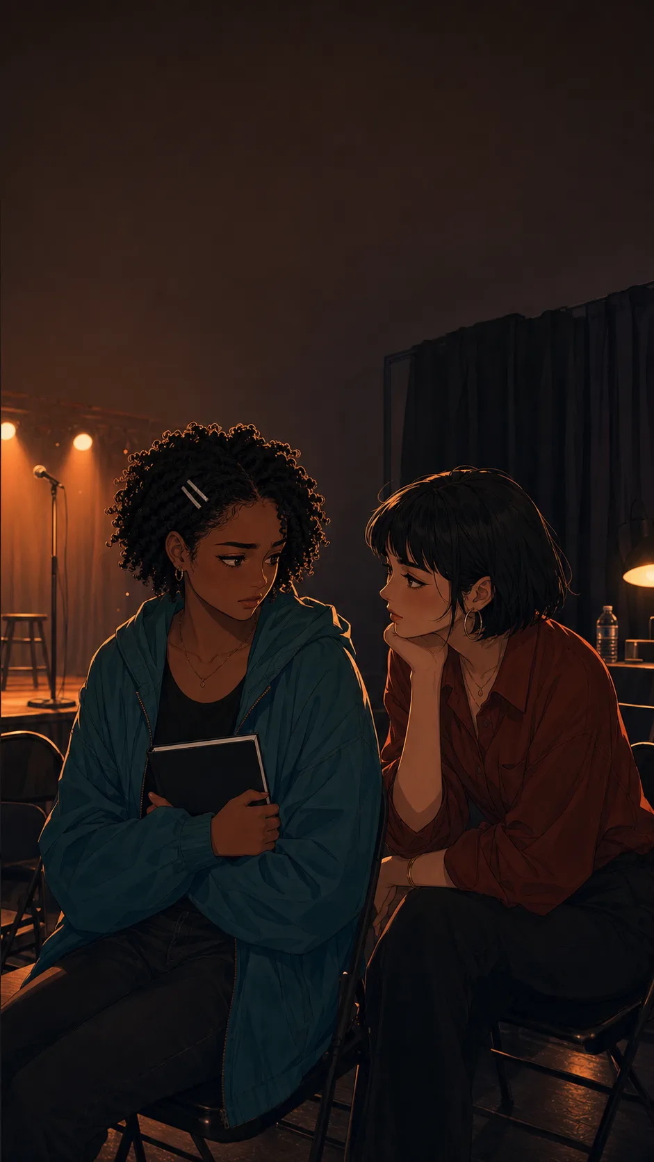 Two fictional open-mic performers talk quietly backstage before a show.