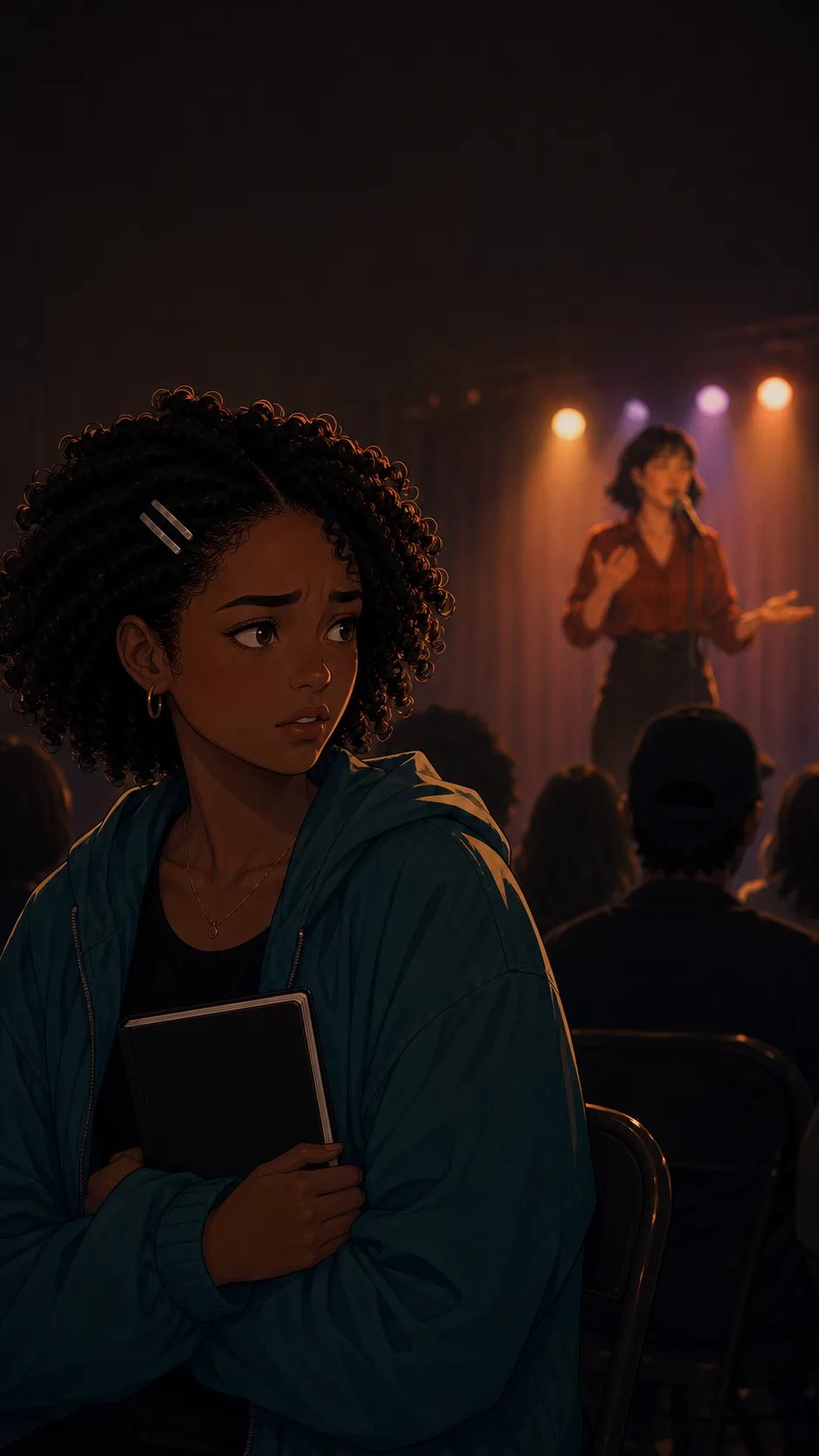 A fictional audience member freezes as she recognizes details in a stage performance.