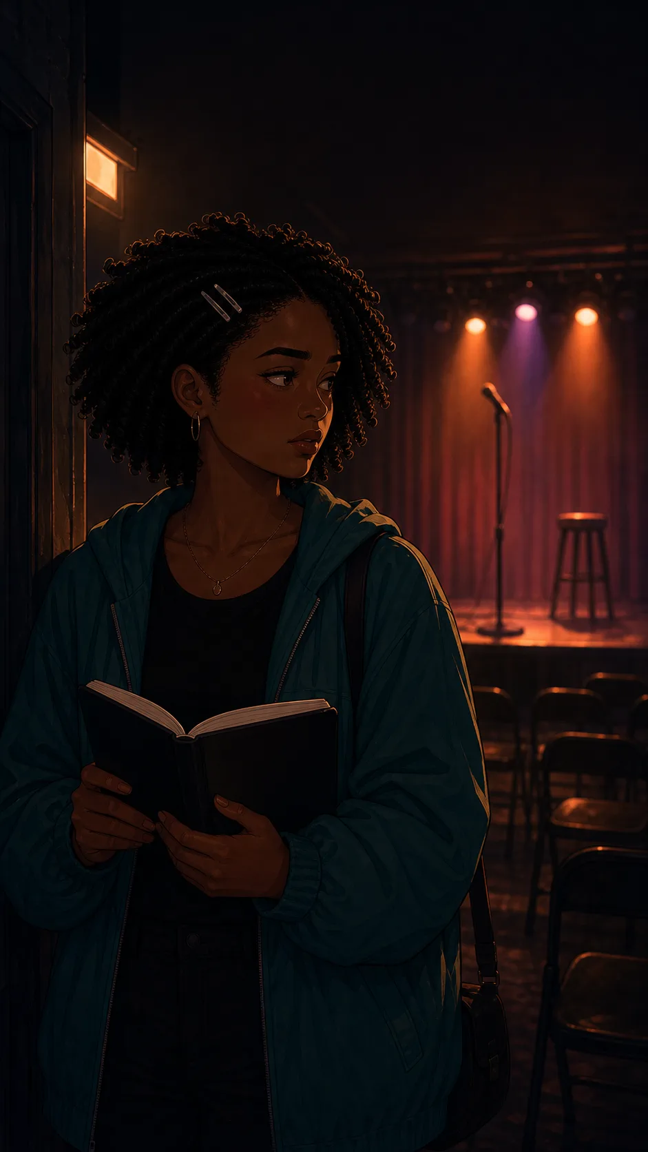 A fictional performer stands alone near an empty stage, deciding what to do next.