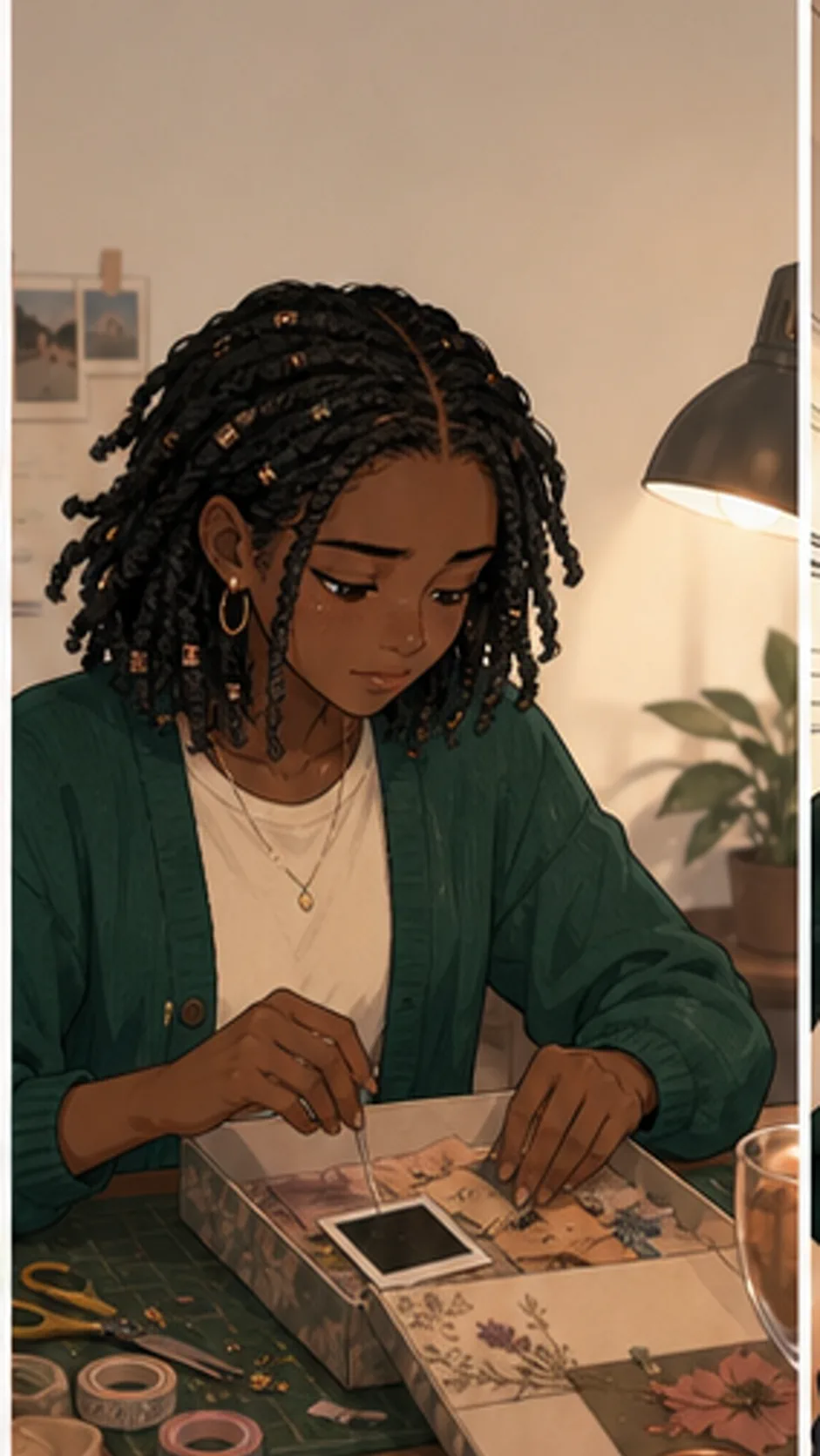 Nia finishes a wrapped birthday memory box at a generic apartment craft table.