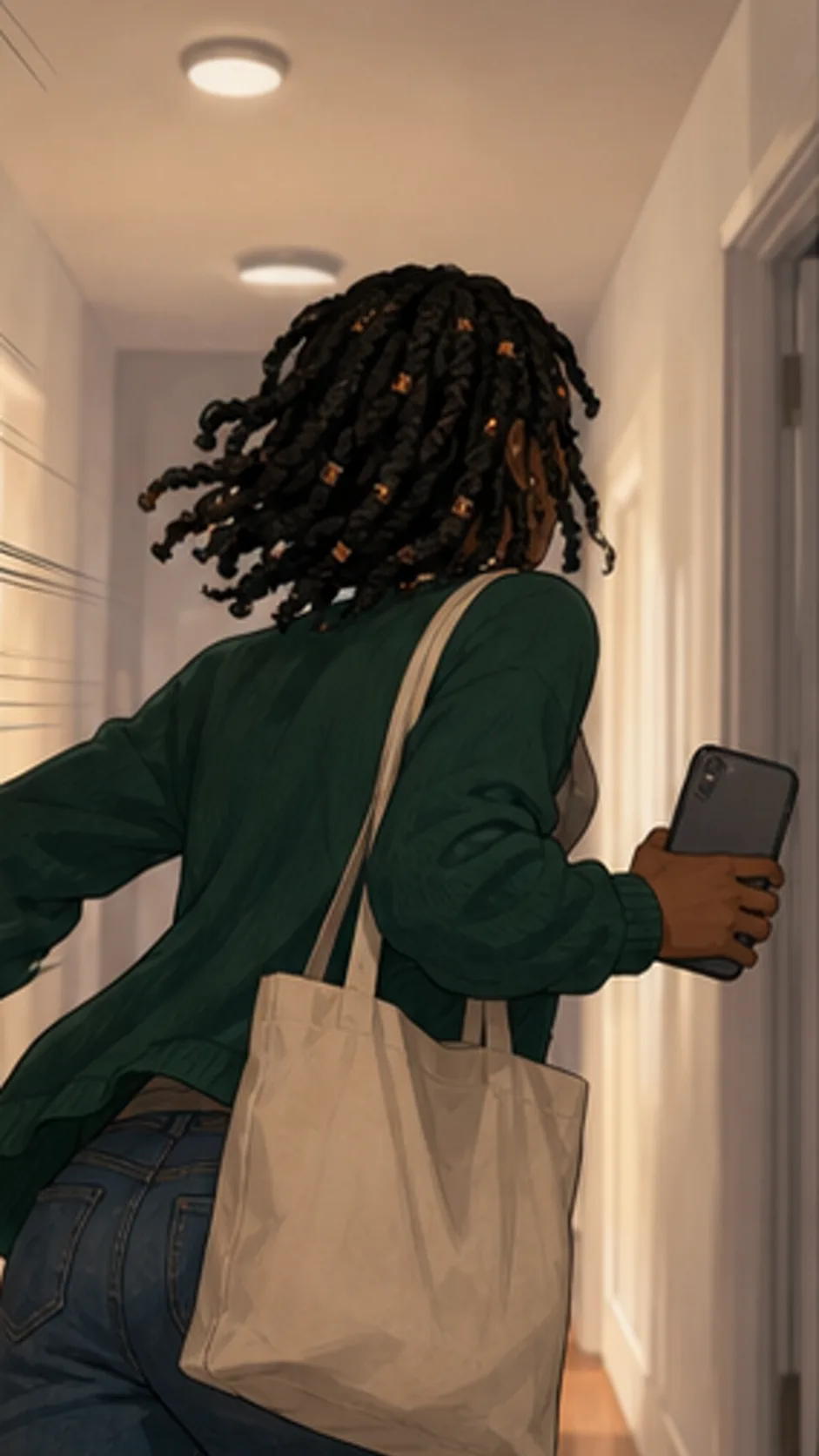Nia rushes through a generic apartment hallway while holding a phone with only the back visible.