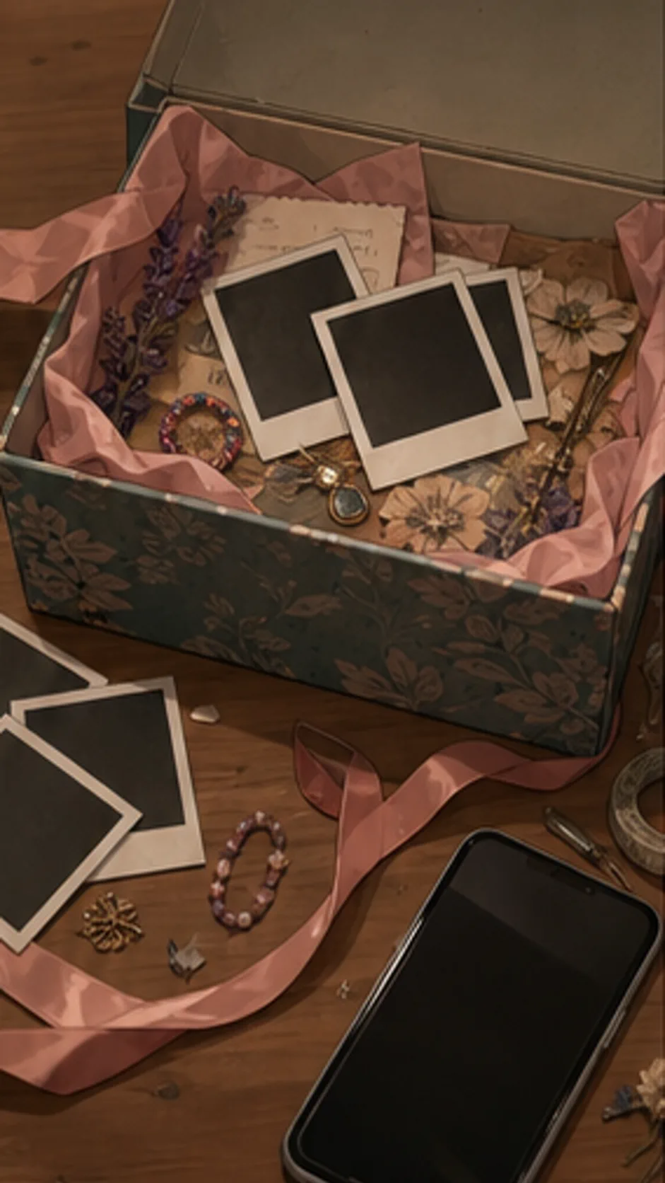 An opened handmade gift box sits with ribbon, blank photo backs, small trinkets, and a face-down phone.