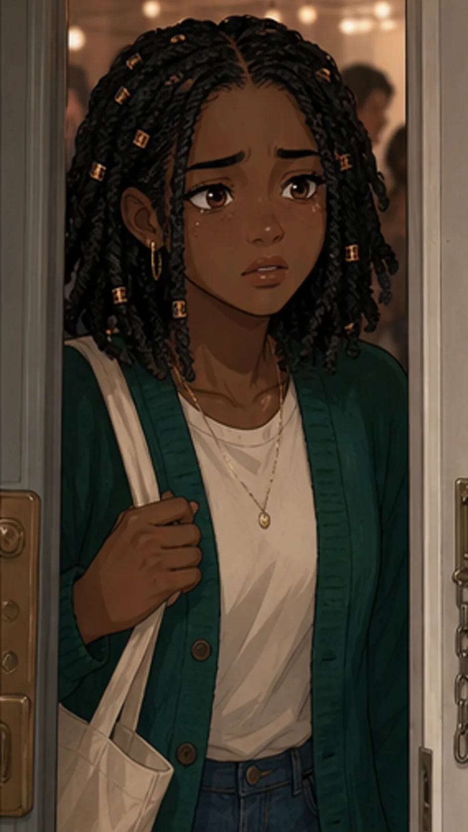 Nia enters a generic party doorway and sees Harper with the opened birthday gift.