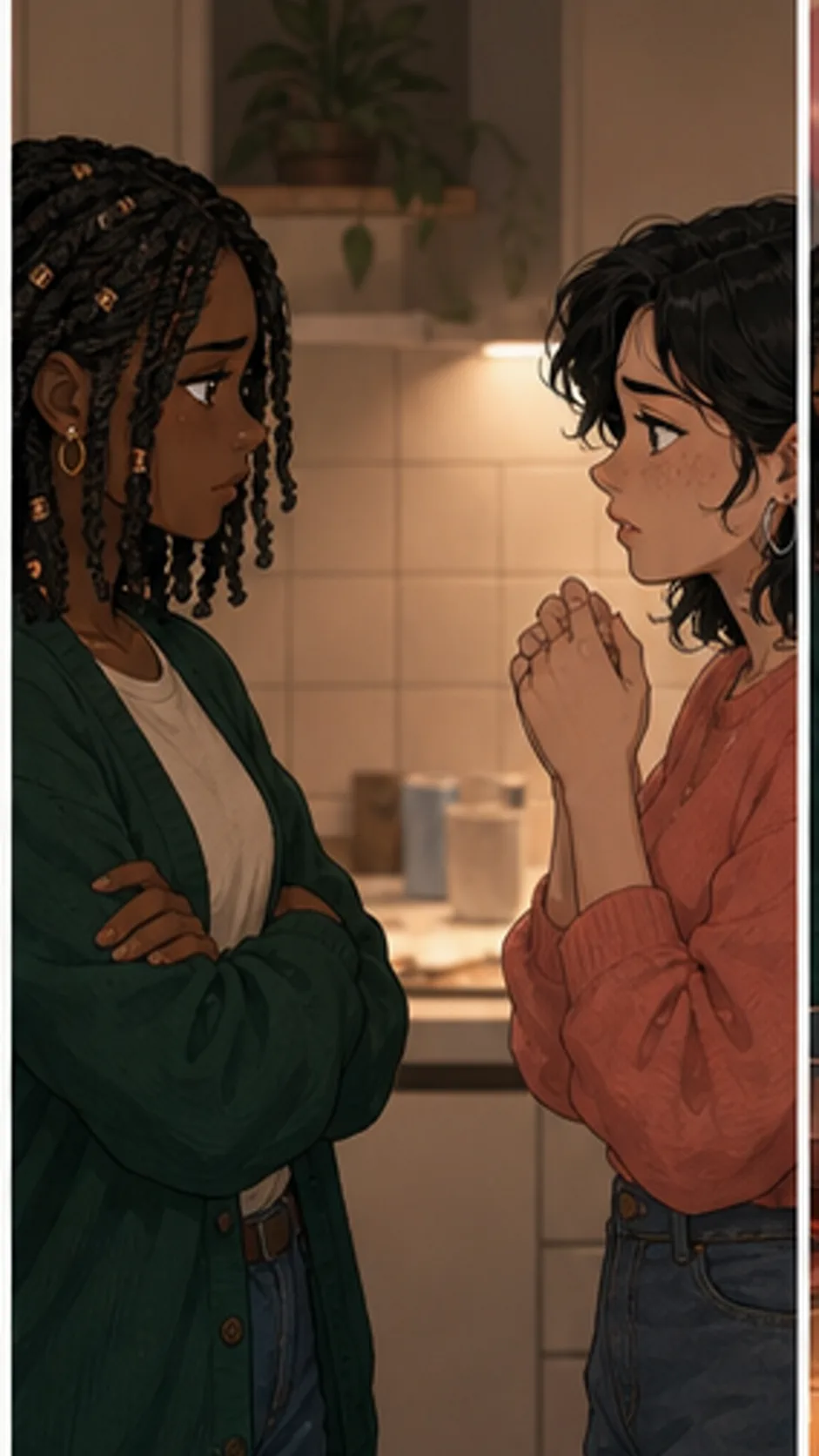 Nia and Harper talk tensely in a generic kitchen corner after the gift opening.
