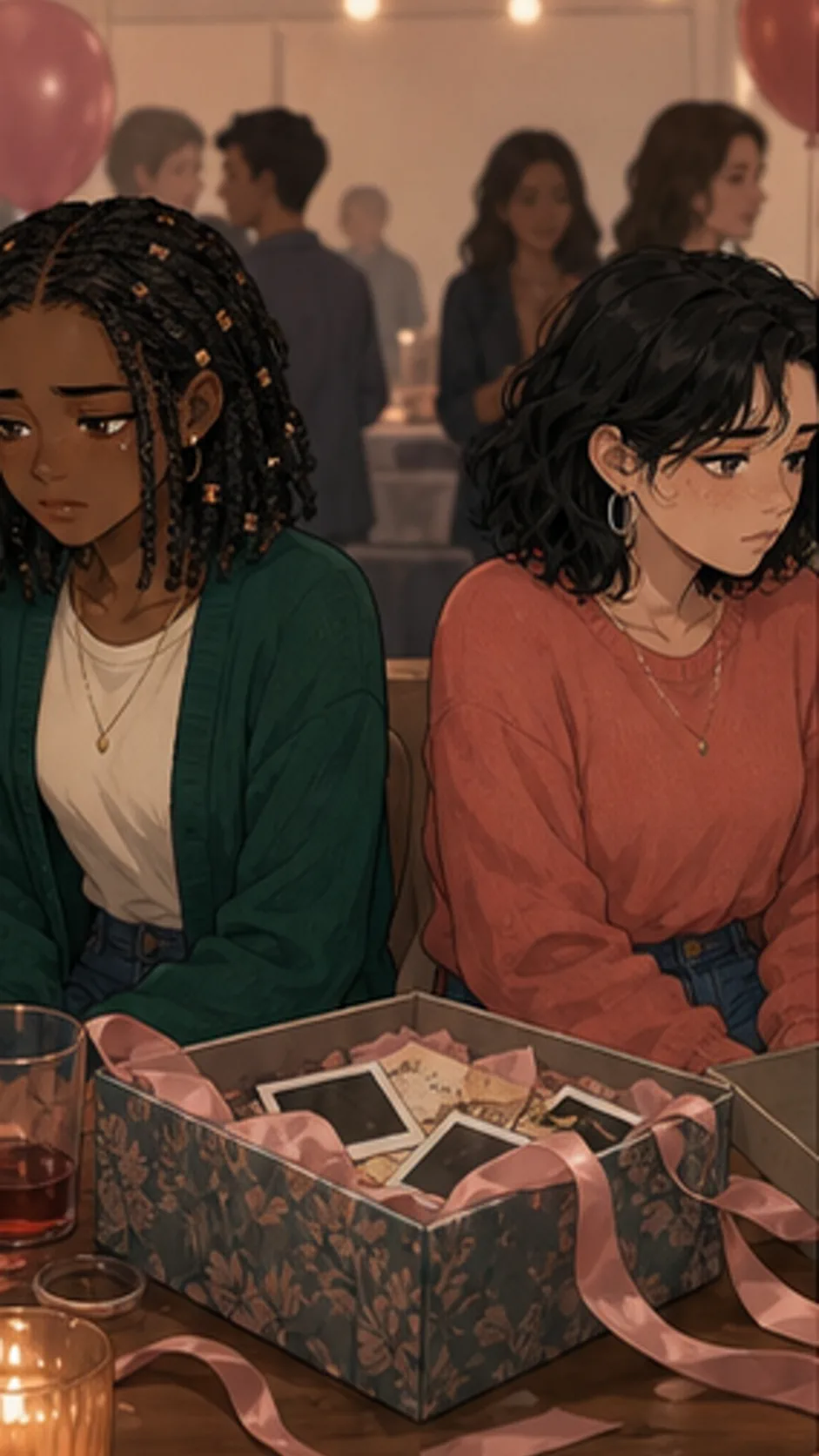 Nia and Harper sit apart near a quiet gift table with the opened handmade box between them.