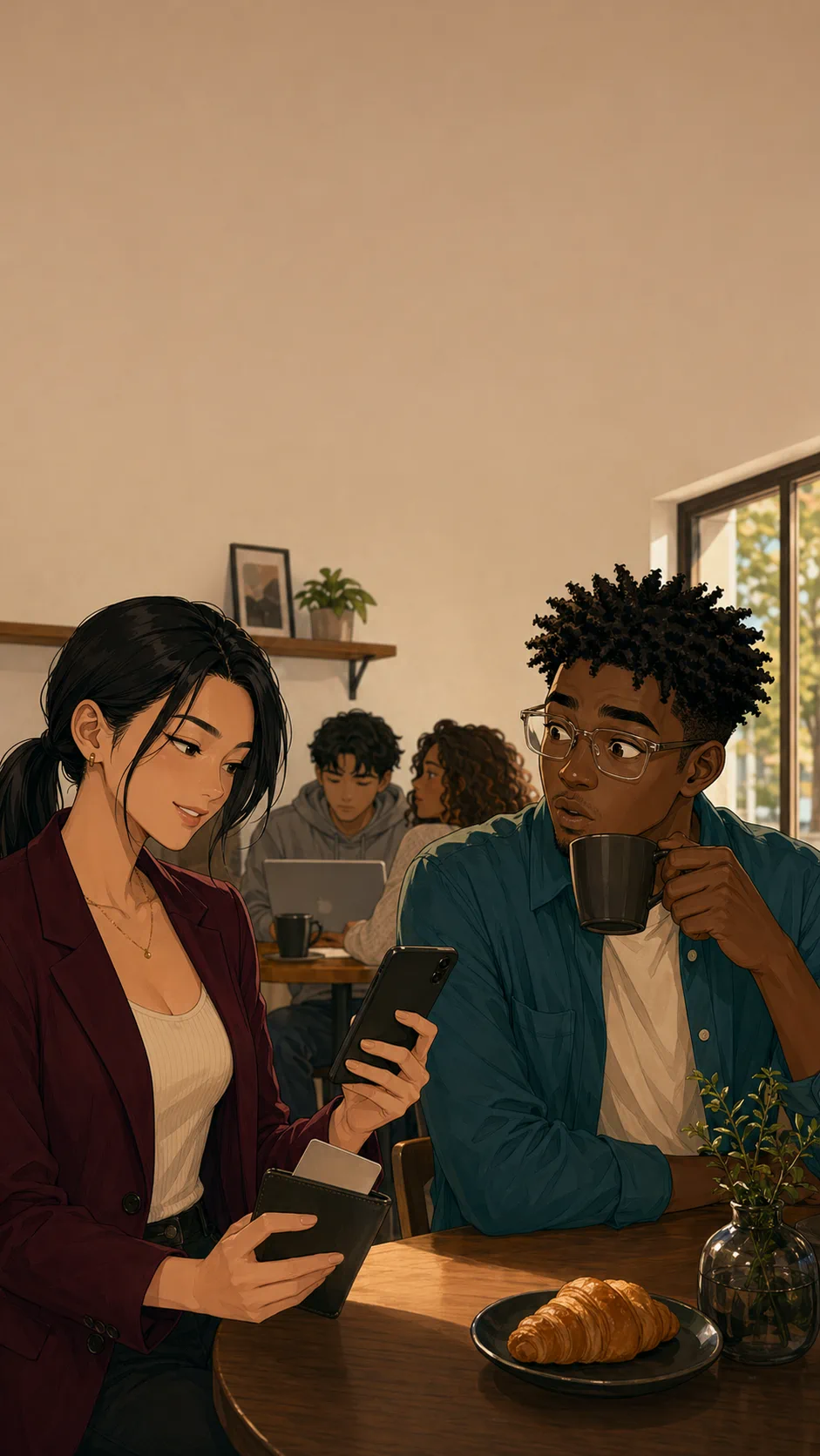 Cam looks at a closed menu beside the meal Eli ordered.