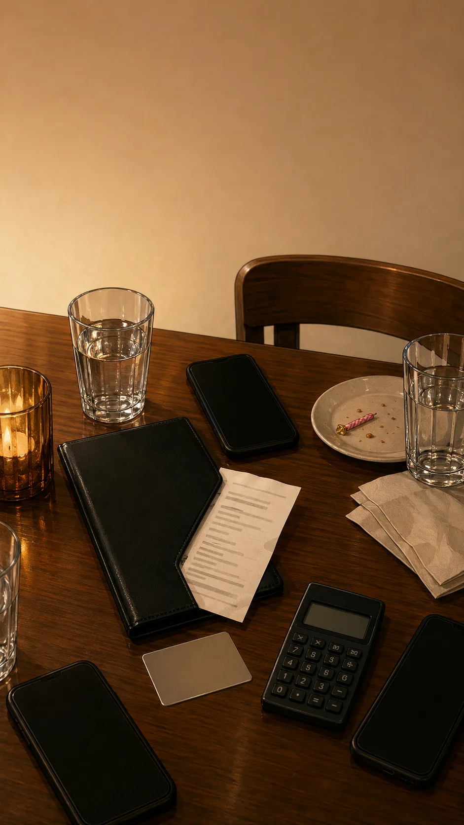 Two plates and a closed blank menu sit on a restaurant table.