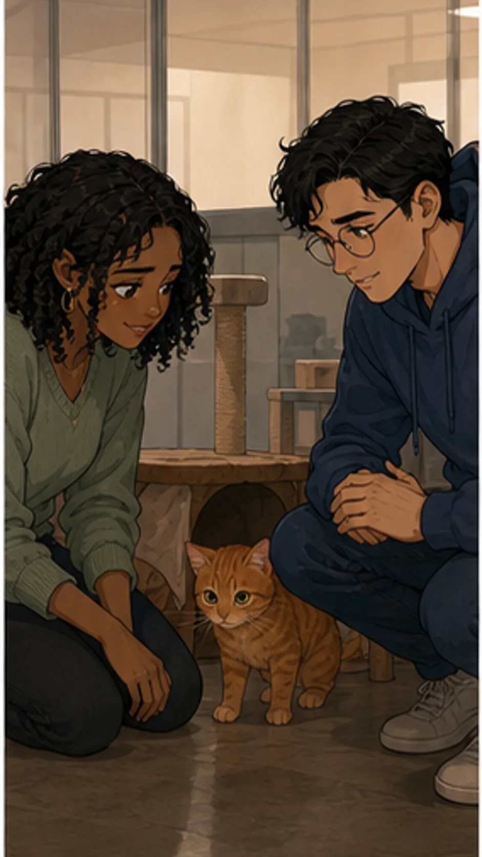Maya and Jonah crouch near a shy orange tabby in a generic animal shelter room.