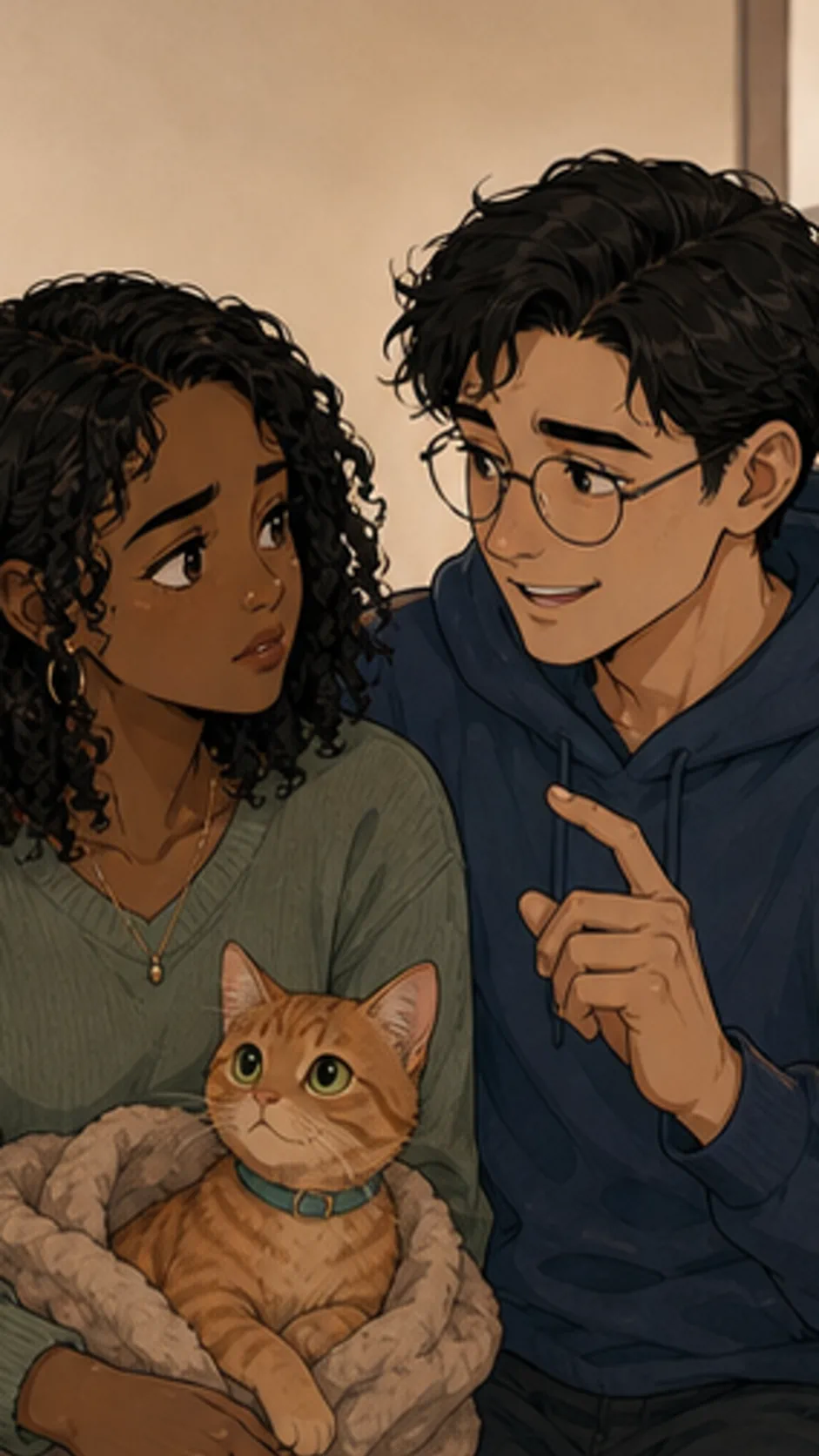 Jonah smiles at an orange tabby while Maya listens in a generic shelter room.
