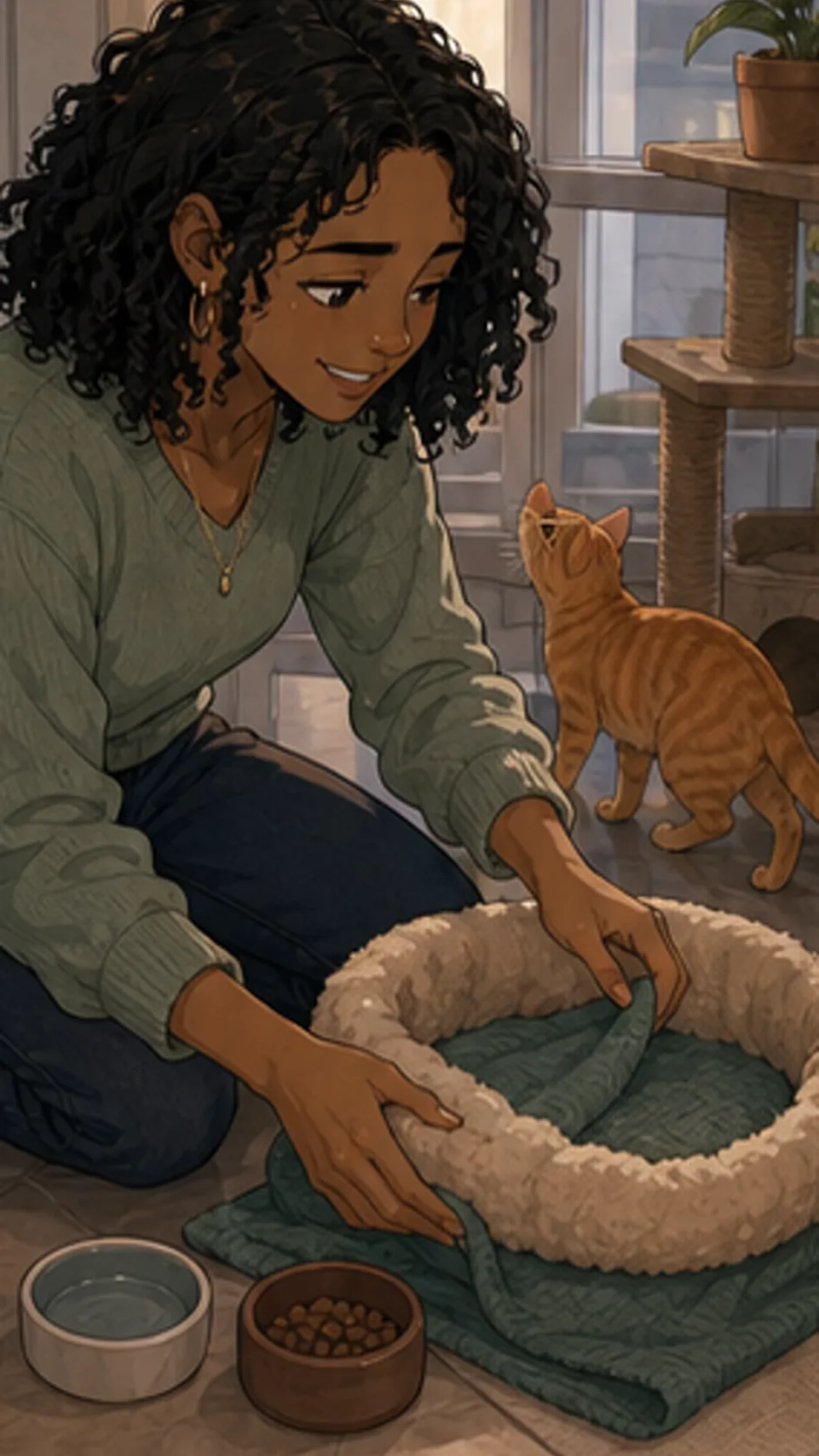 Maya sets up a cozy cat corner with blank bowls, a folded blanket, and an orange tabby nearby.