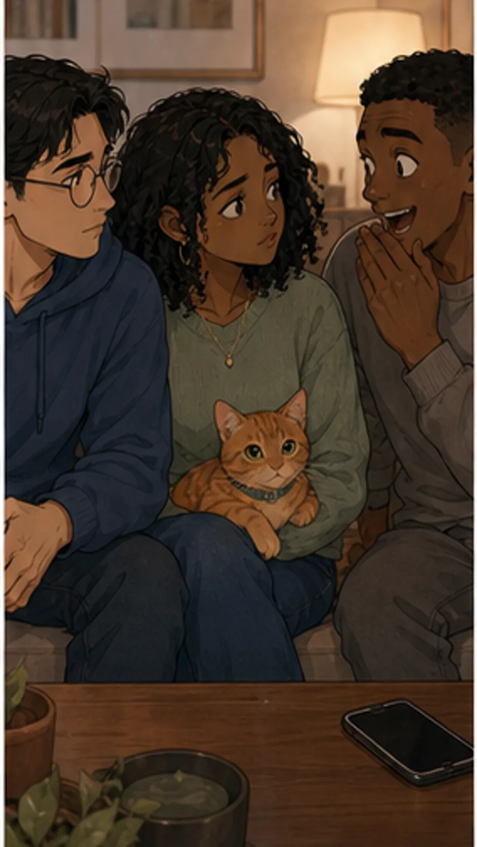 A friend reacts awkwardly in Maya and Jonah's apartment while the orange tabby sits nearby.
