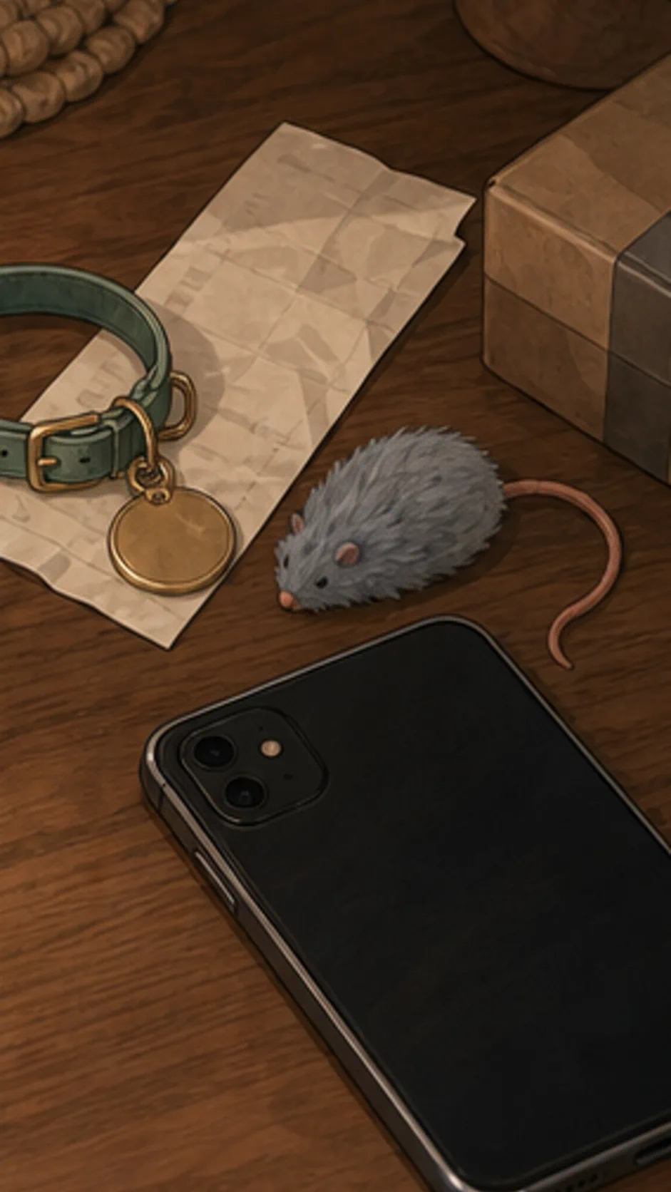 A blank collar tag, cat toy, unreadable receipt, and face-down phone sit on a generic apartment table.