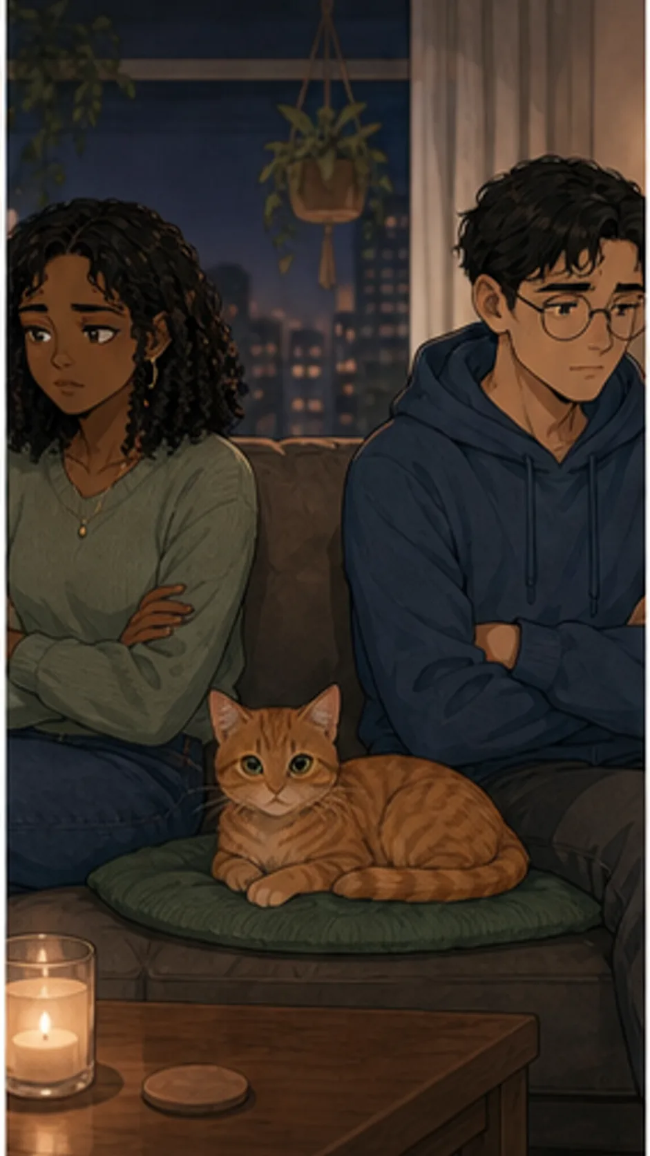 Maya and Jonah sit apart on a couch with the orange tabby between them.