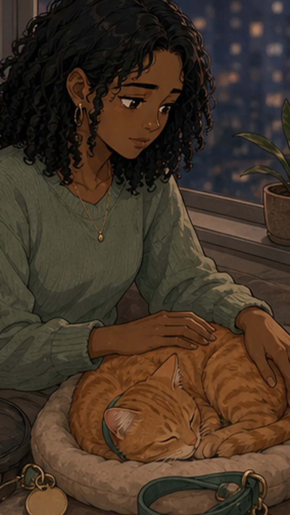 Maya watches the orange tabby sleep beside a blank collar tag while Jonah stands uncertainly in the background.