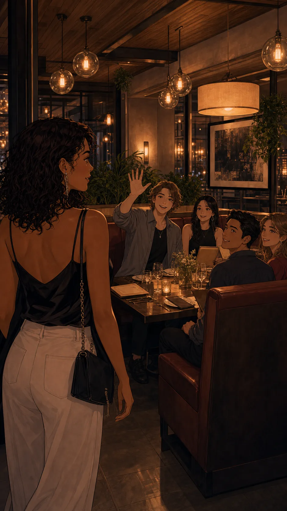 Avery arrives at a small birthday dinner with Rowan and friends.