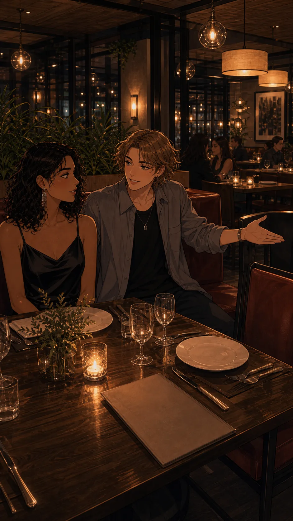 Rowan gestures to an extra seat at Avery's birthday dinner.