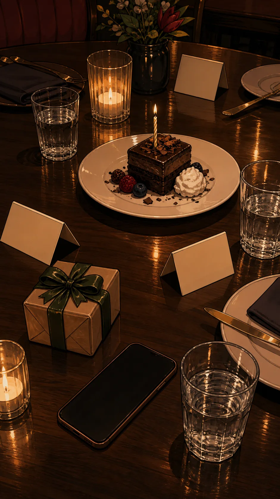 A wrapped gift and blank place cards sit on a restaurant table.