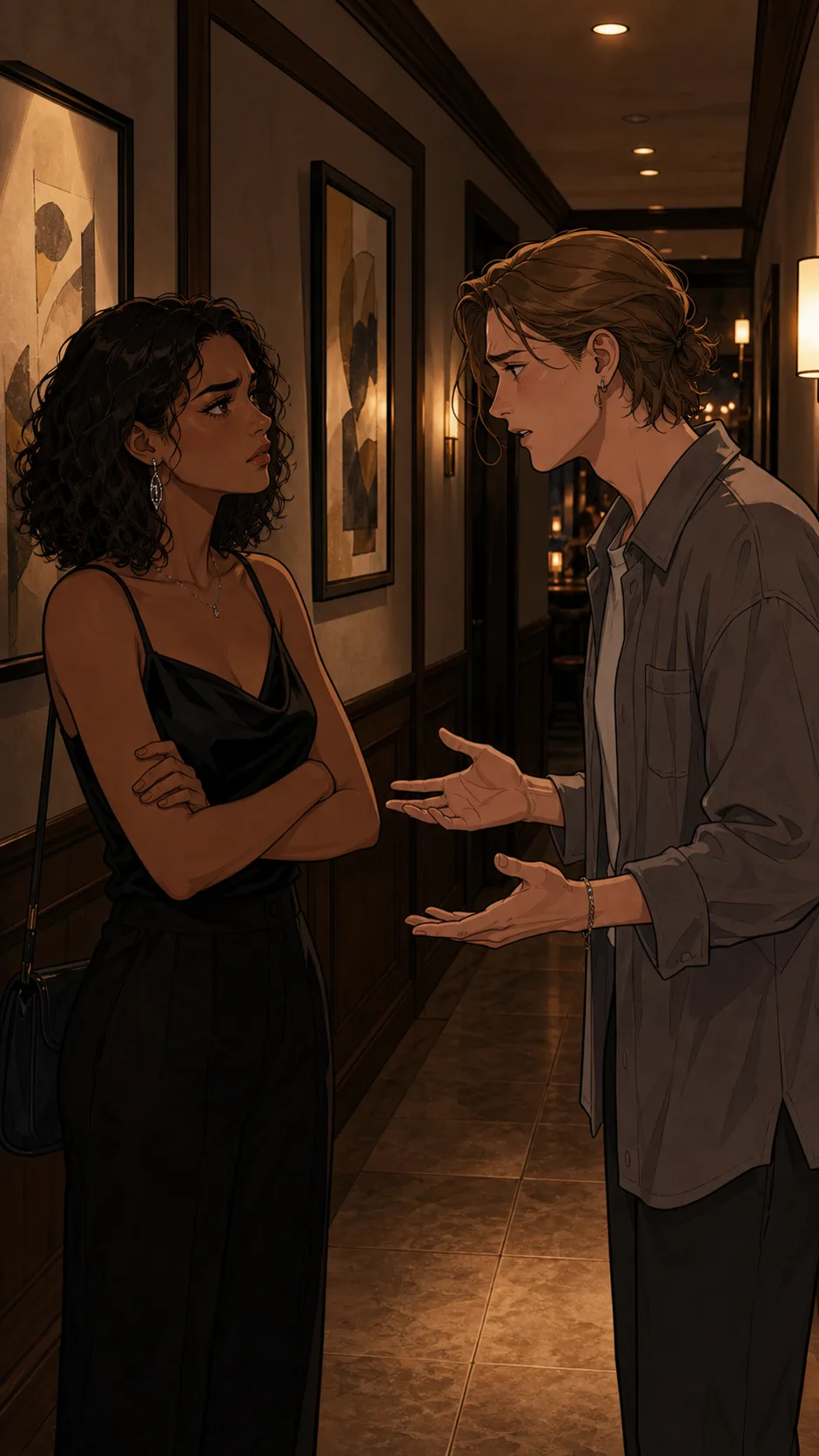 Avery and Rowan talk privately in a restaurant hallway.