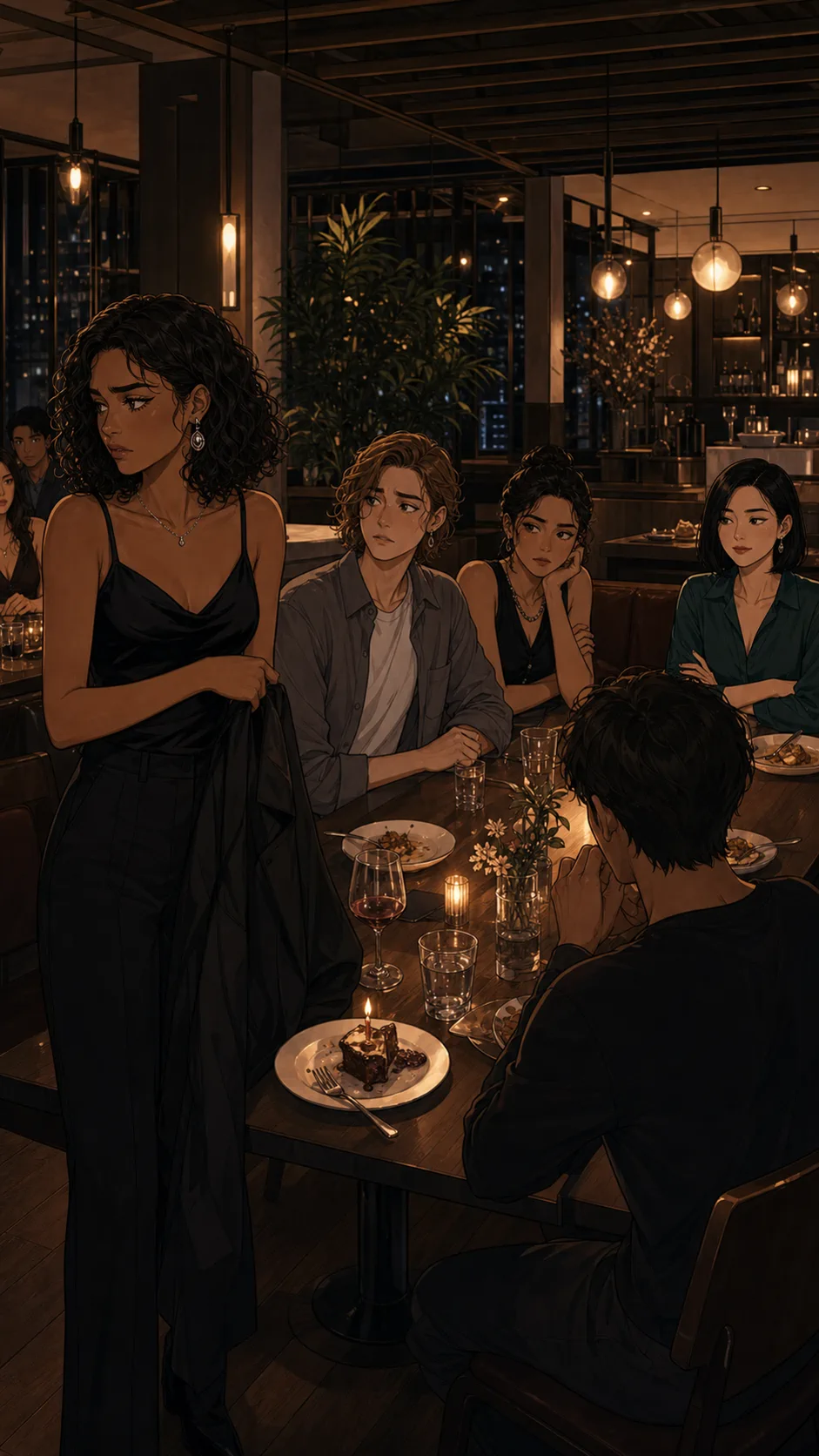 Avery prepares to leave while the birthday table sits in awkward silence.