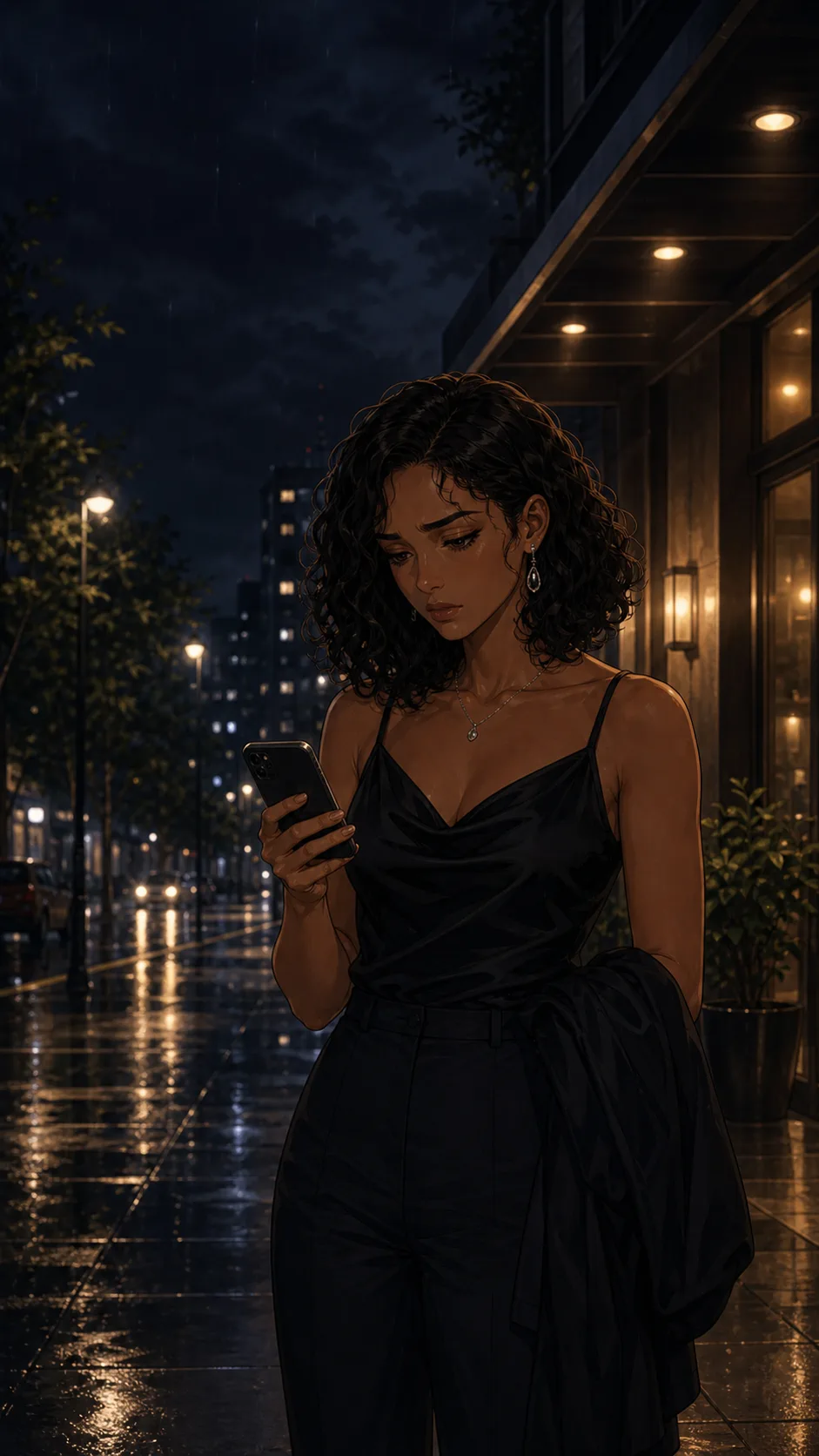 Avery stands outside the restaurant, thinking about the dinner.