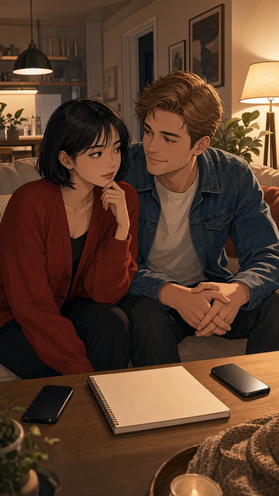 Leah and Owen sit together planning a weekend in a cozy apartment.