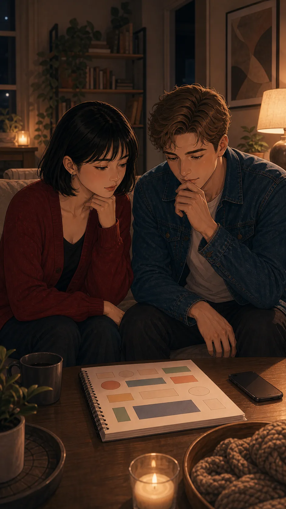 Leah and Owen sit with their weekend list and phone turned away.