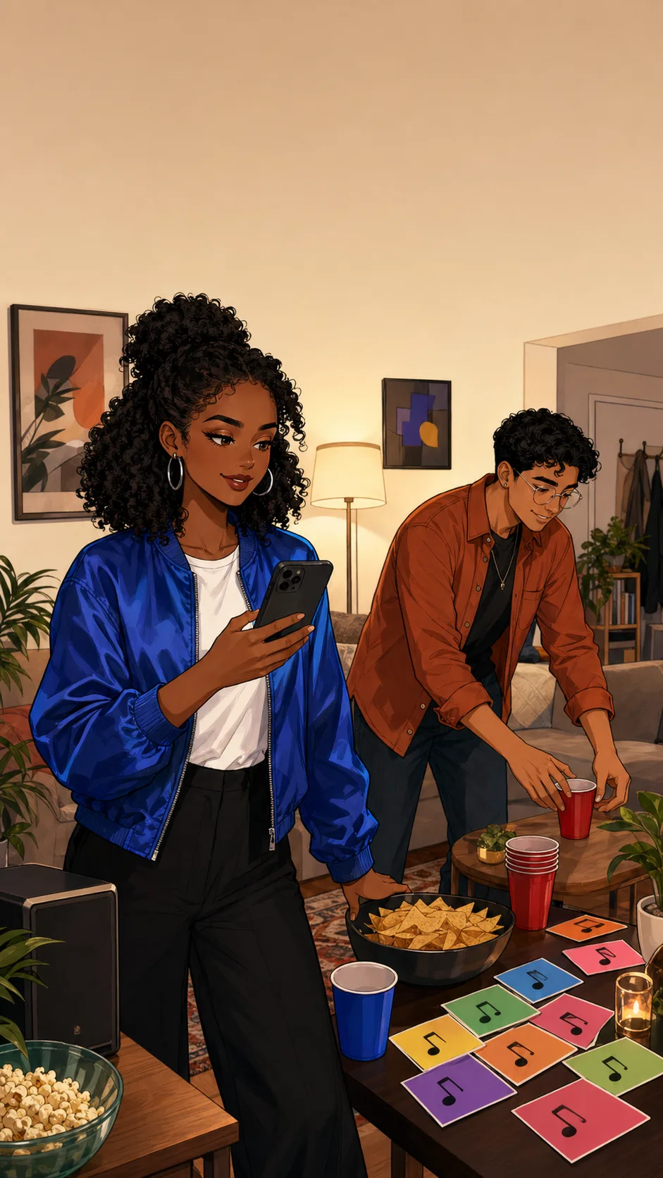 Taylor sets up a generic apartment living room for a small party, standing beside a speaker and snack table with her phone screen facing herself.