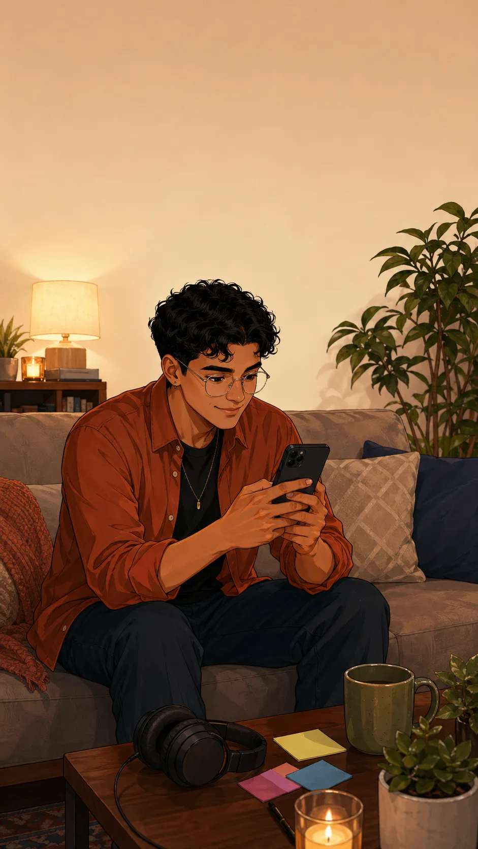 Jules sits on a generic couch adding songs on a phone whose screen faces him, with headphones and blank notes nearby.