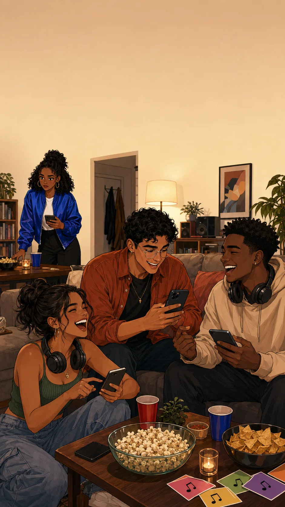 Jules and friends laugh while adding songs on phones, while Taylor watches from the background in a generic apartment setting.