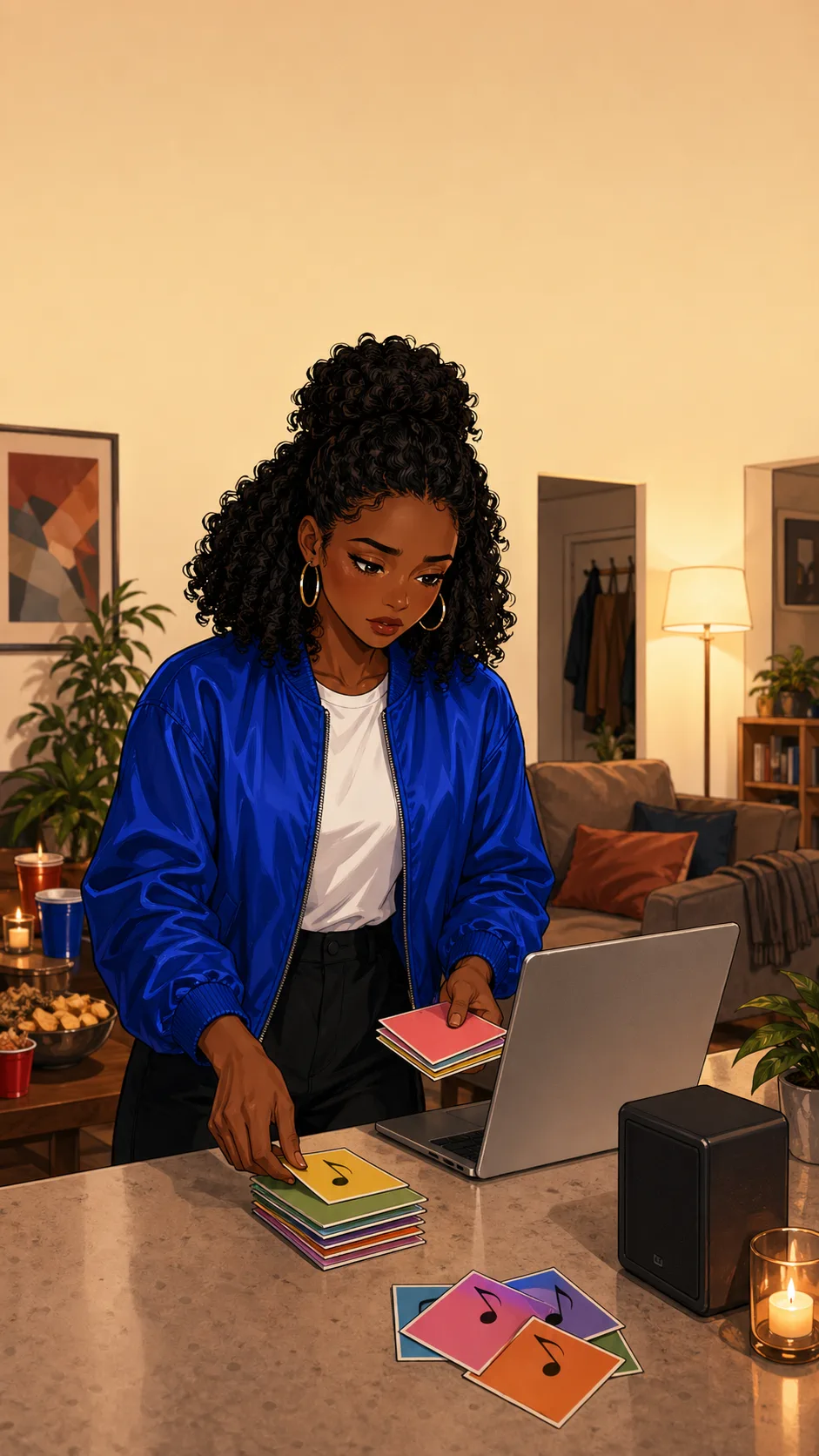 Taylor stands in a generic apartment beside a speaker and an angled-away laptop, sorting blank colored song cards into neat and discarded piles.