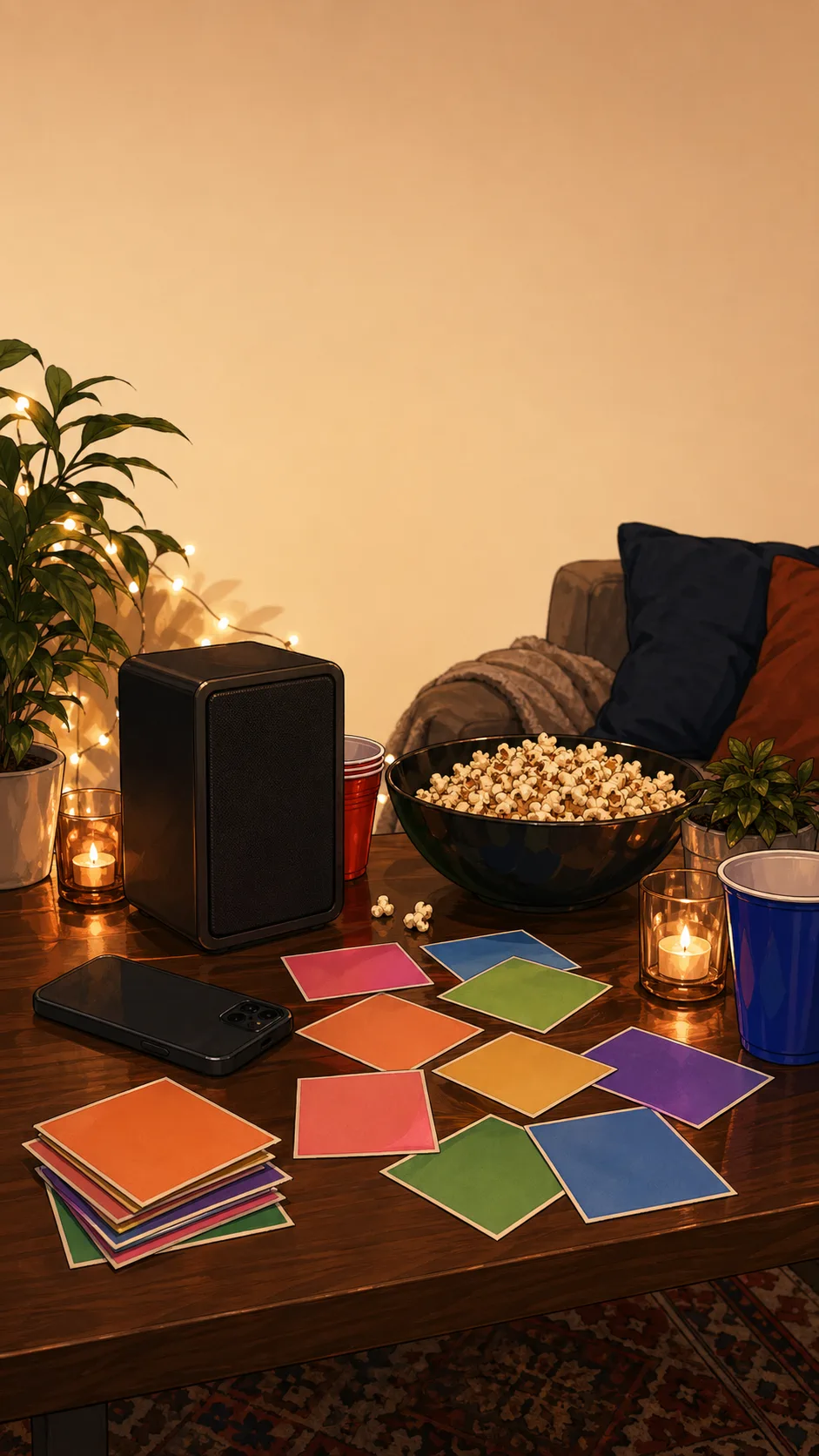 A generic apartment coffee table shows an unbranded speaker, a face-down phone, blank colored song cards, a discard pile, snacks, cups, and warm party lights.