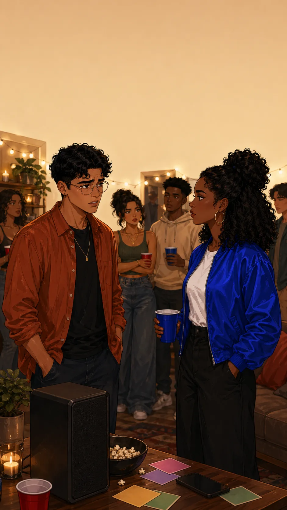 Jules and Taylor stand near an unbranded speaker at a generic apartment party while friends notice the awkward moment.