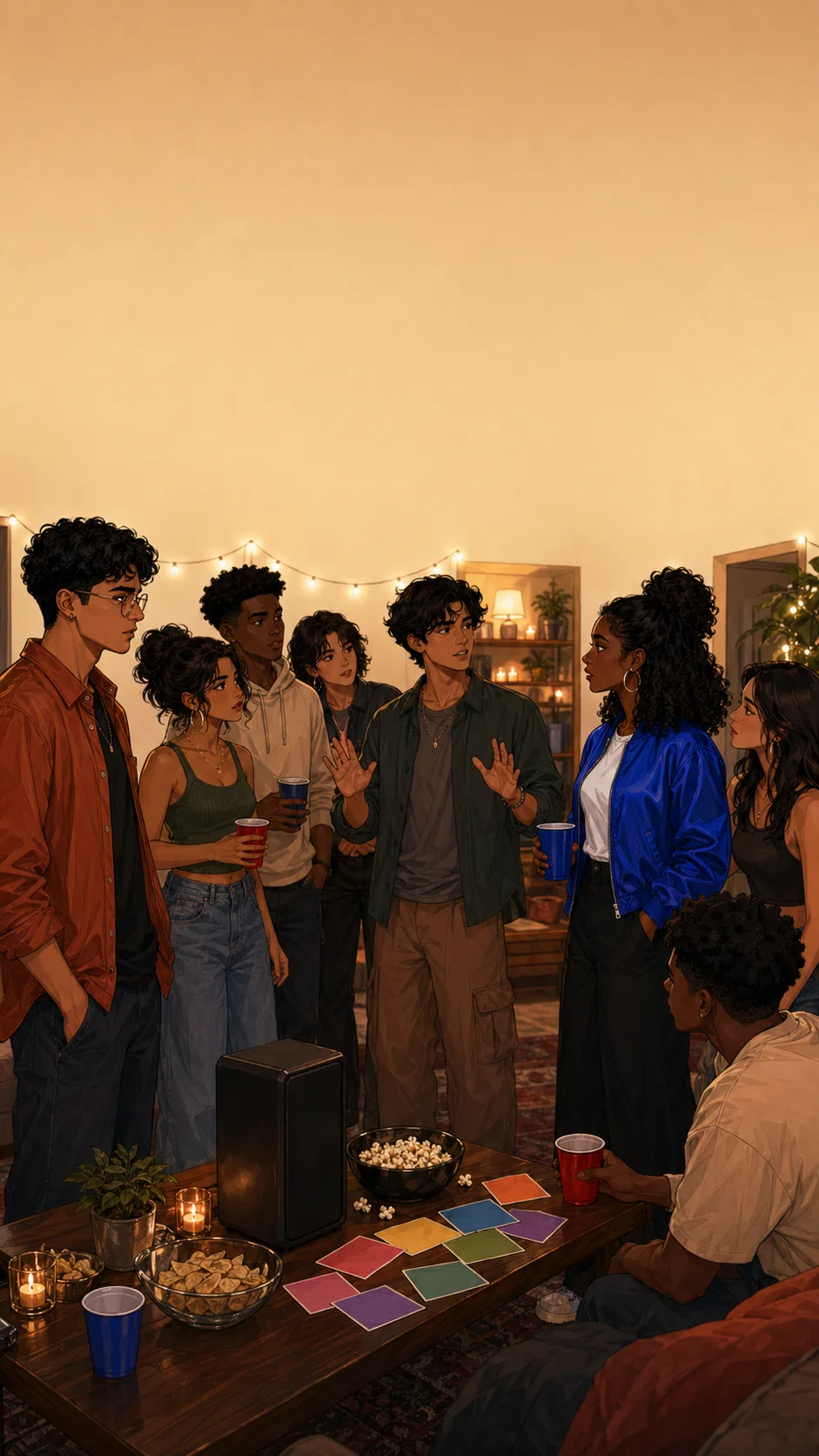 Taylor, Jules, and friends stand around a generic apartment party table, visibly split into three opinions about the playlist.