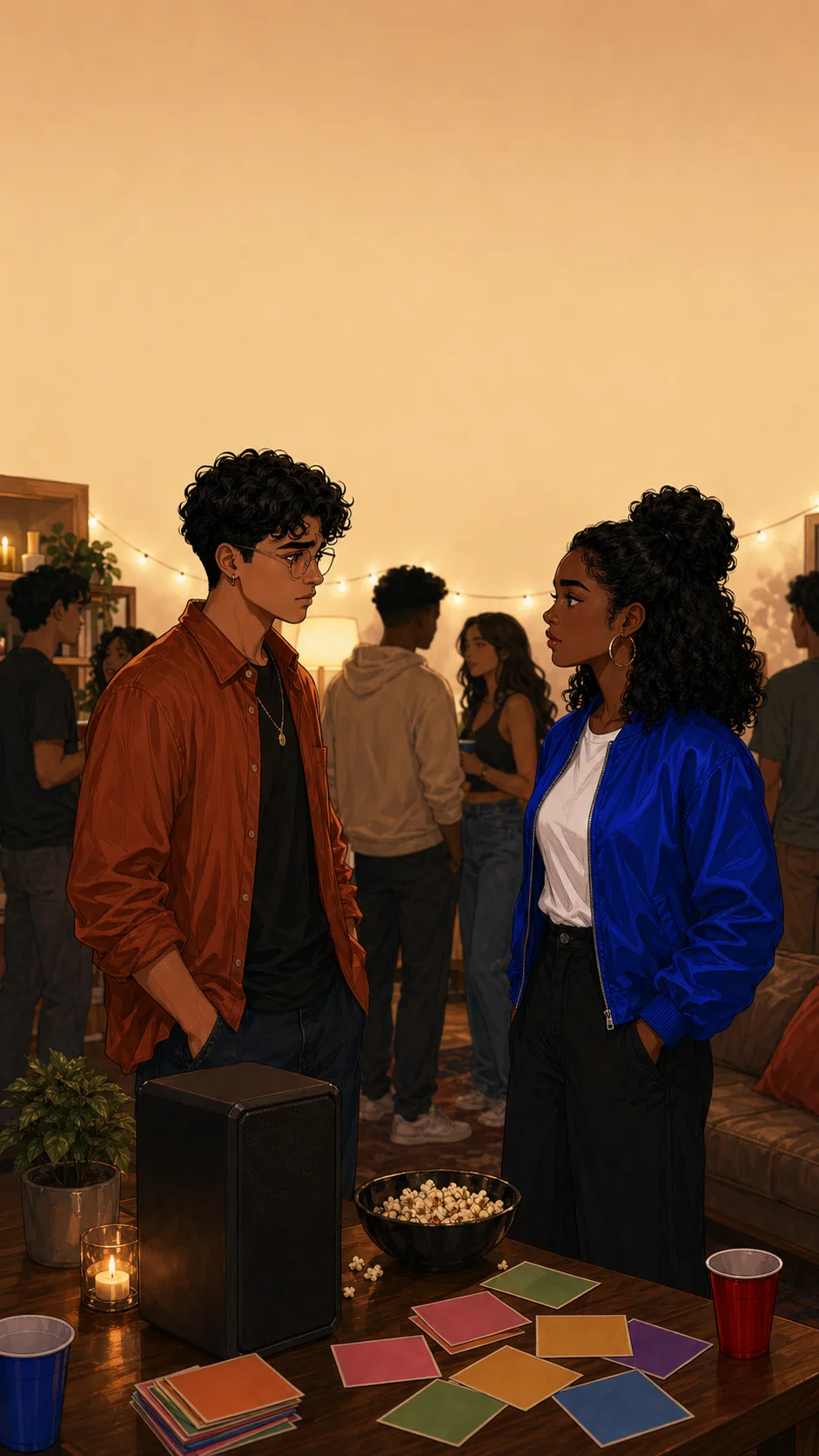 Taylor and Jules stand thoughtfully beside an unbranded speaker and blank song cards in a quieter corner of a generic apartment party.