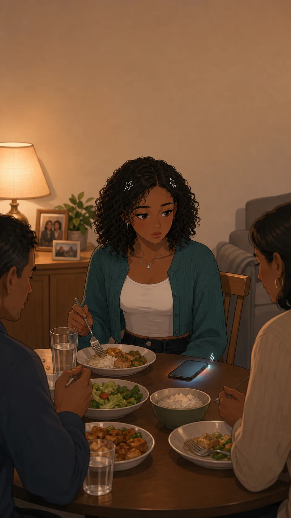 Nora sits at a family dinner table while her phone glows beside her.
