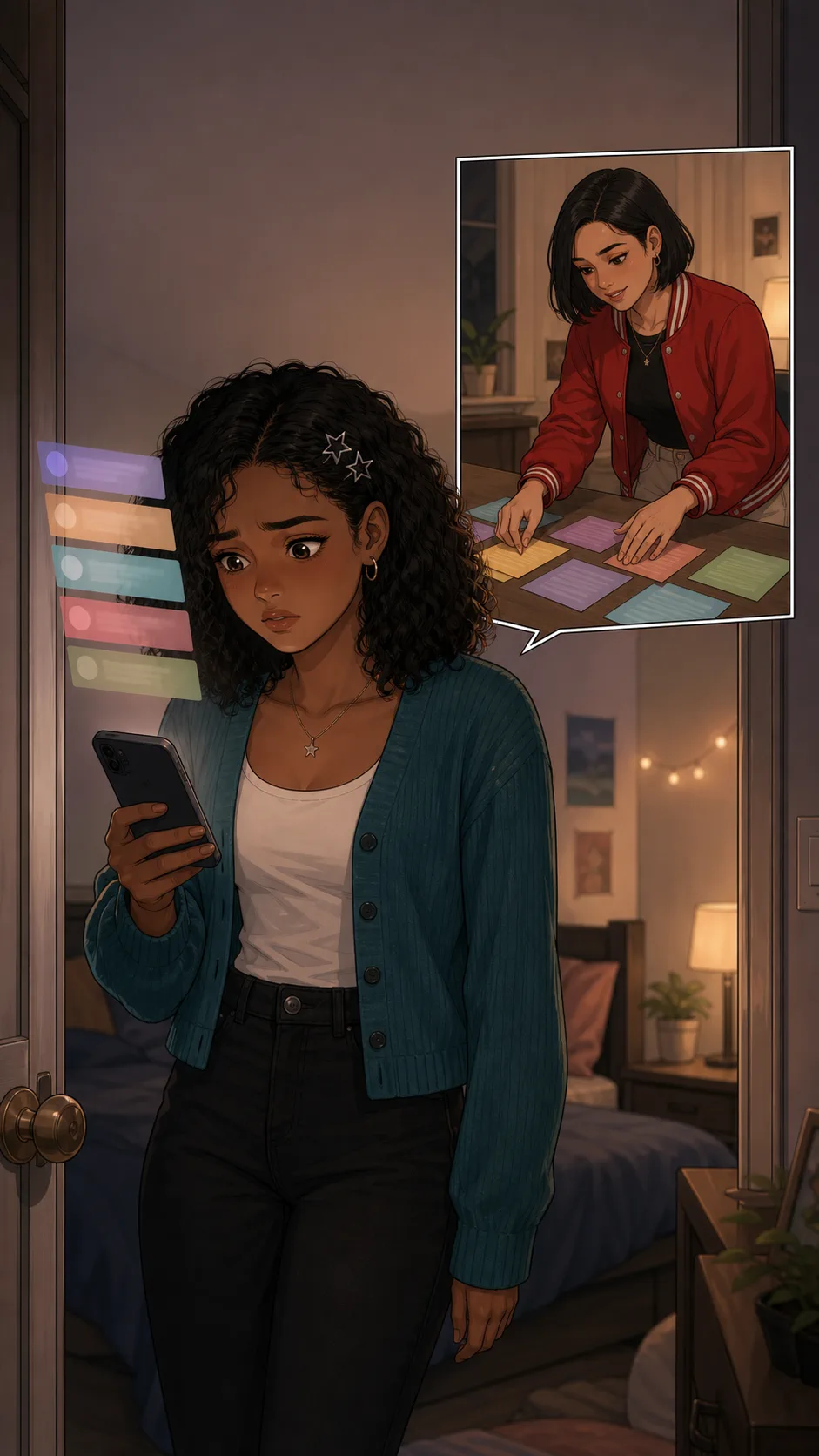 Nora looks hurt while reading her phone, with an abstract memory image of Lacey sorting role cards.