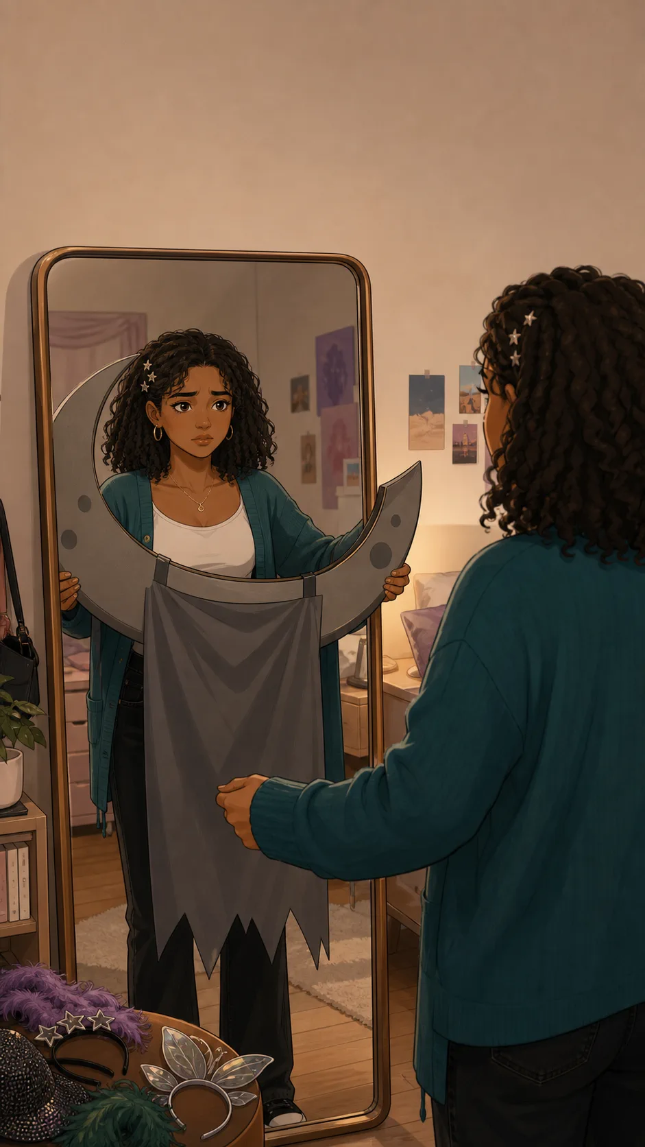 Nora holds an oversized abstract costume prop in front of a mirror, looking uncertain.