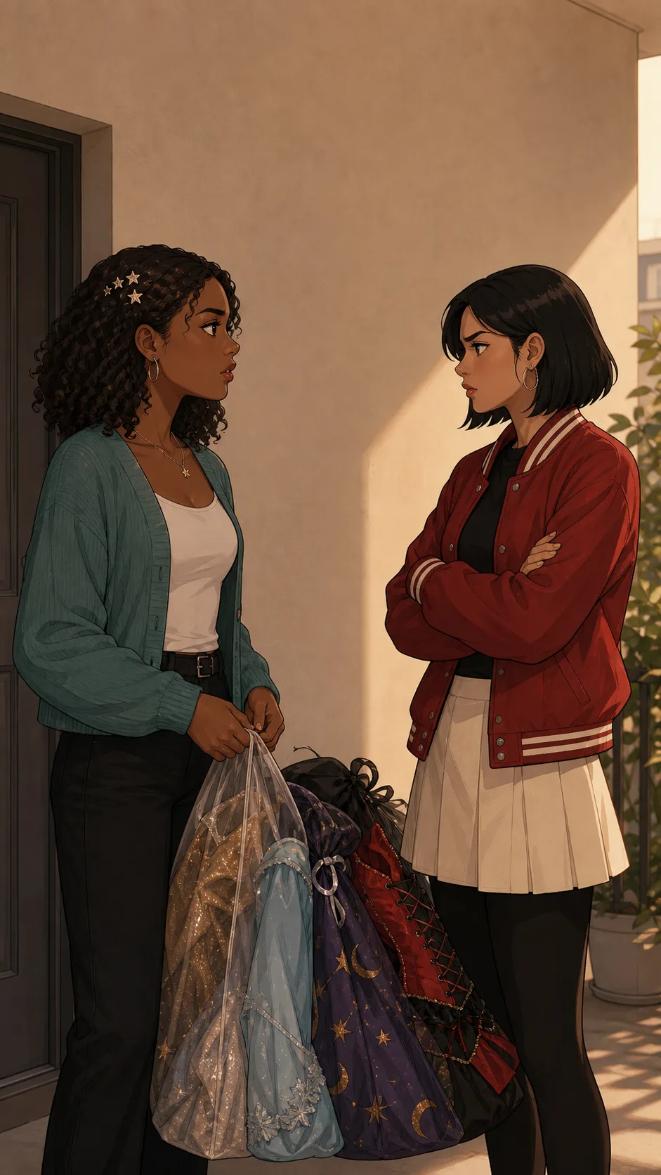 Nora and Lacey talk tensely in a generic hallway with costume fabric bags between them.