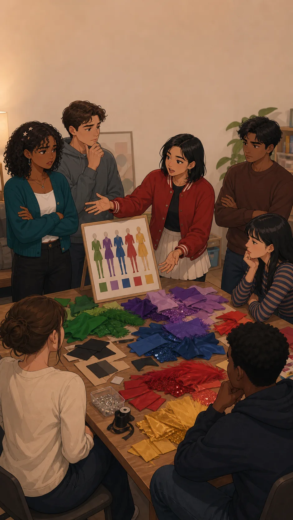 Lacey points at abstract costume pieces on a craft table while Nora and friends listen.