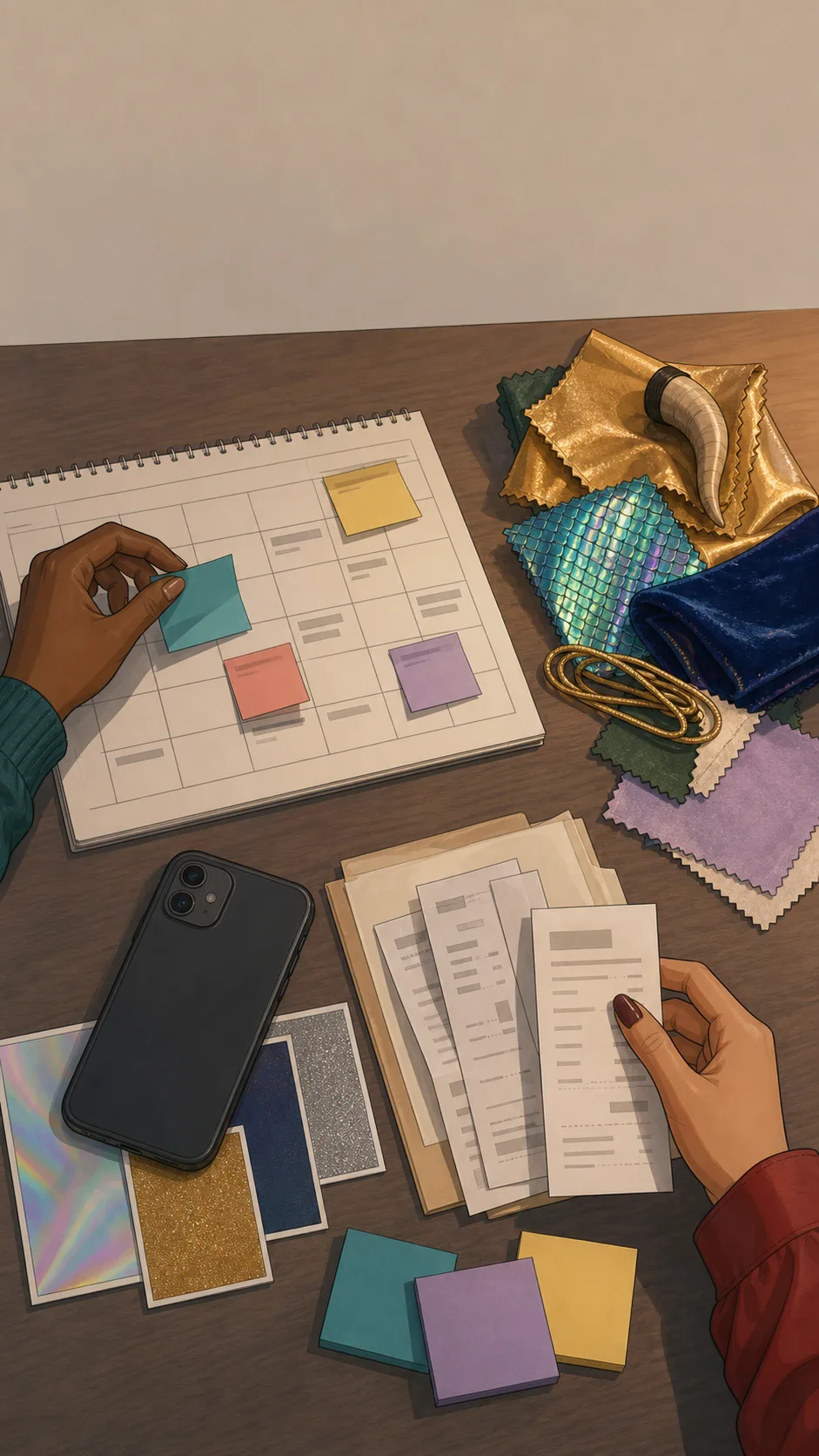 A tabletop evidence montage shows a blank planning calendar, colored sticky notes, fabric swatches, and generic supply slips.