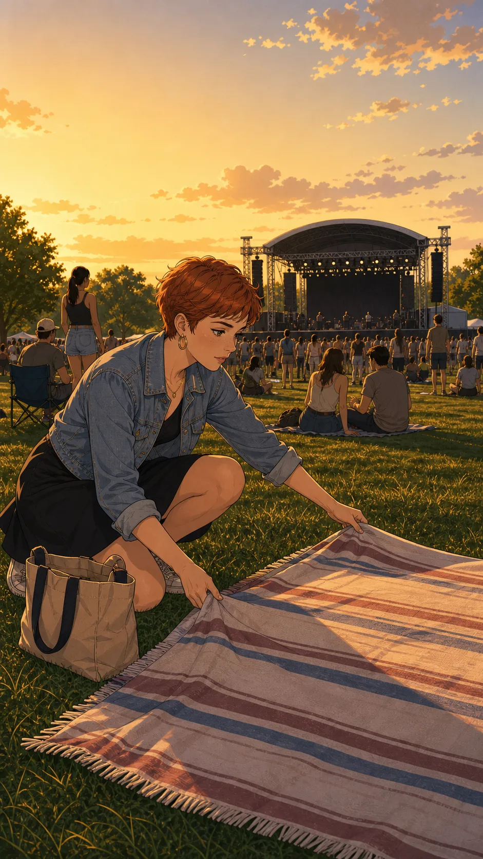 Sloane spreads a striped picnic blanket at a lawn concert.