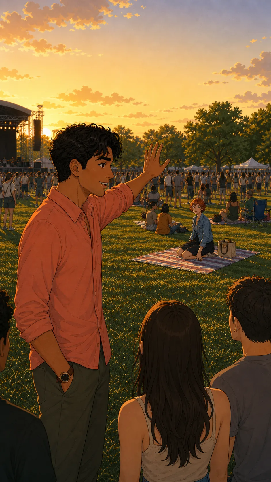 Kai spots Sloane's striped blanket across a crowded lawn.
