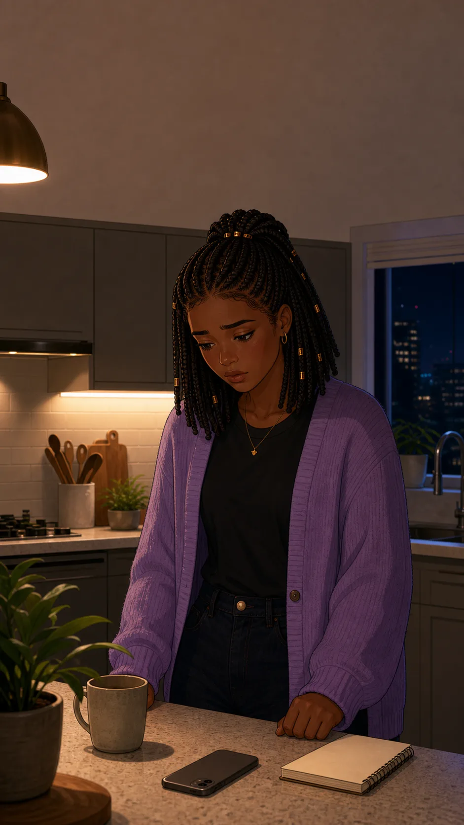Lena stands at a generic kitchen counter looking at a face-down phone near a plain mug and blank notepad.