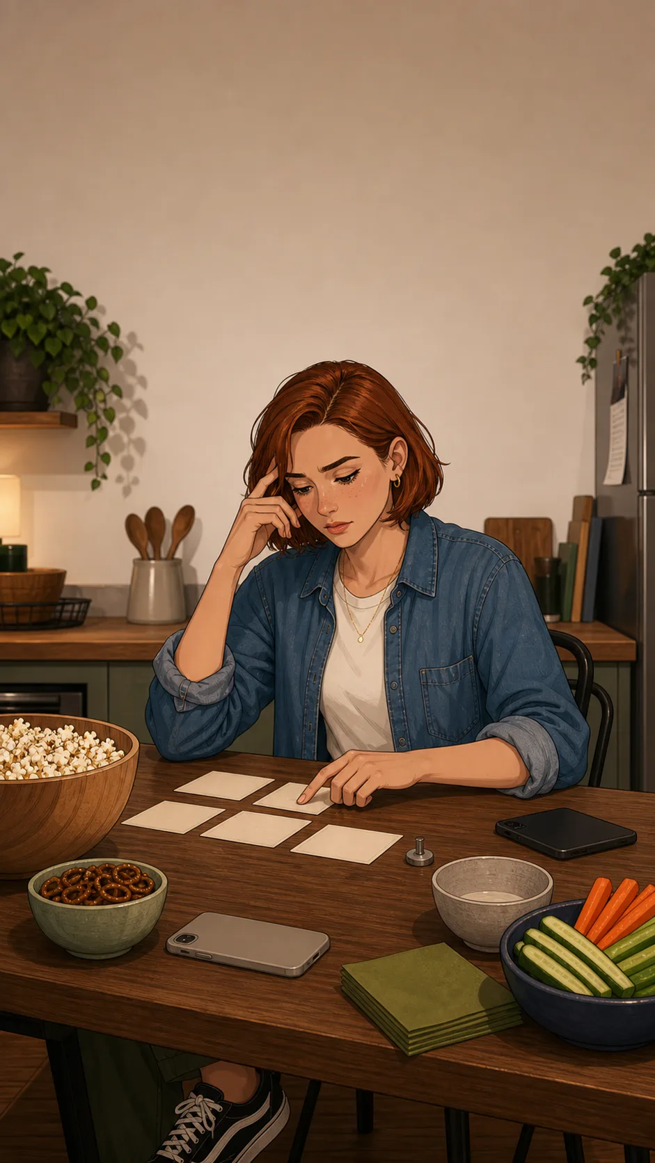 Harper sits at a generic kitchen table with blank planning cards, snack bowls, a pin-shaped magnet, and a face-down phone.