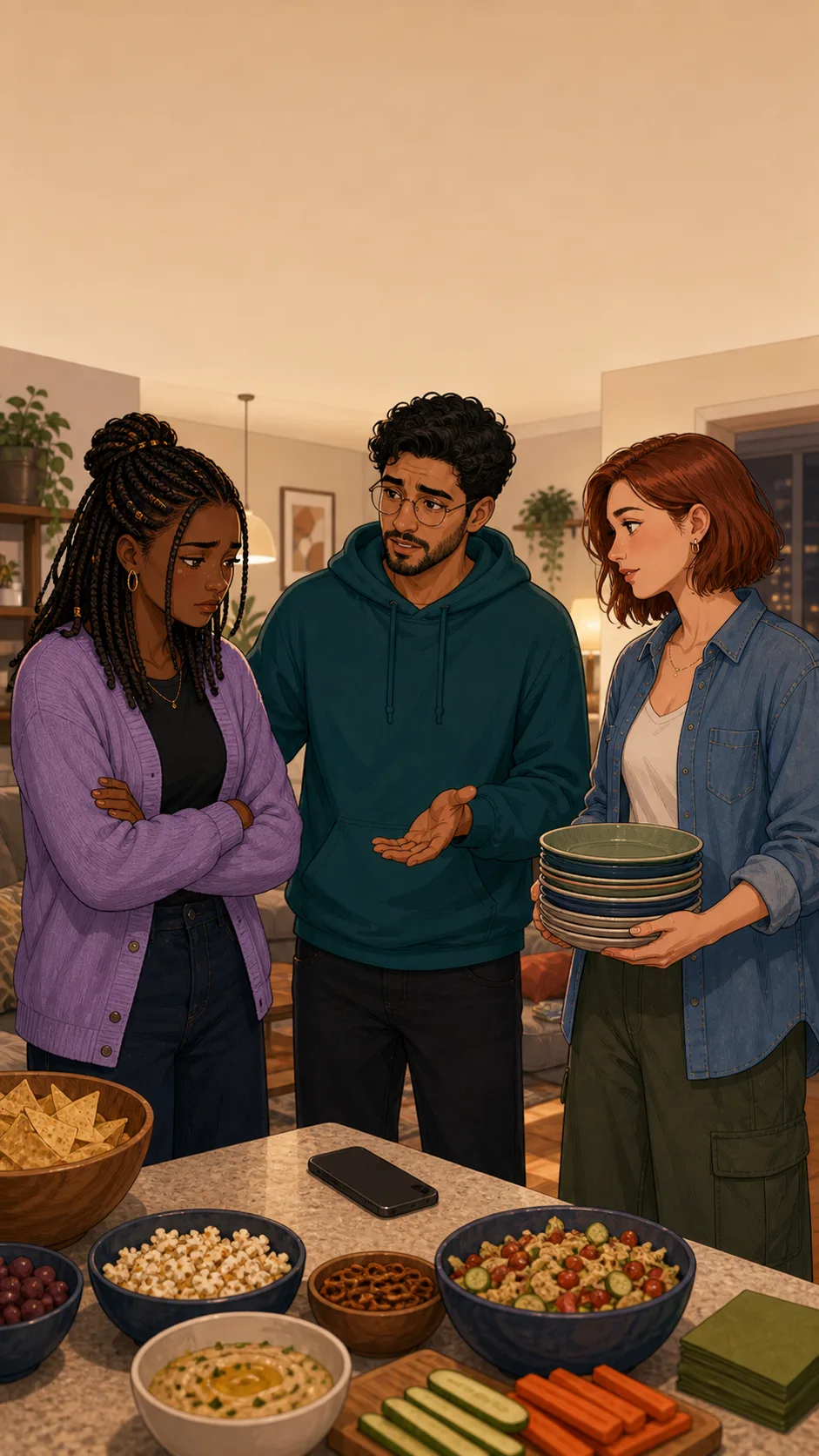 Lena looks embarrassed in a generic apartment snack-prep area while Harper carries plates and Mateo gestures beside face-down phones.