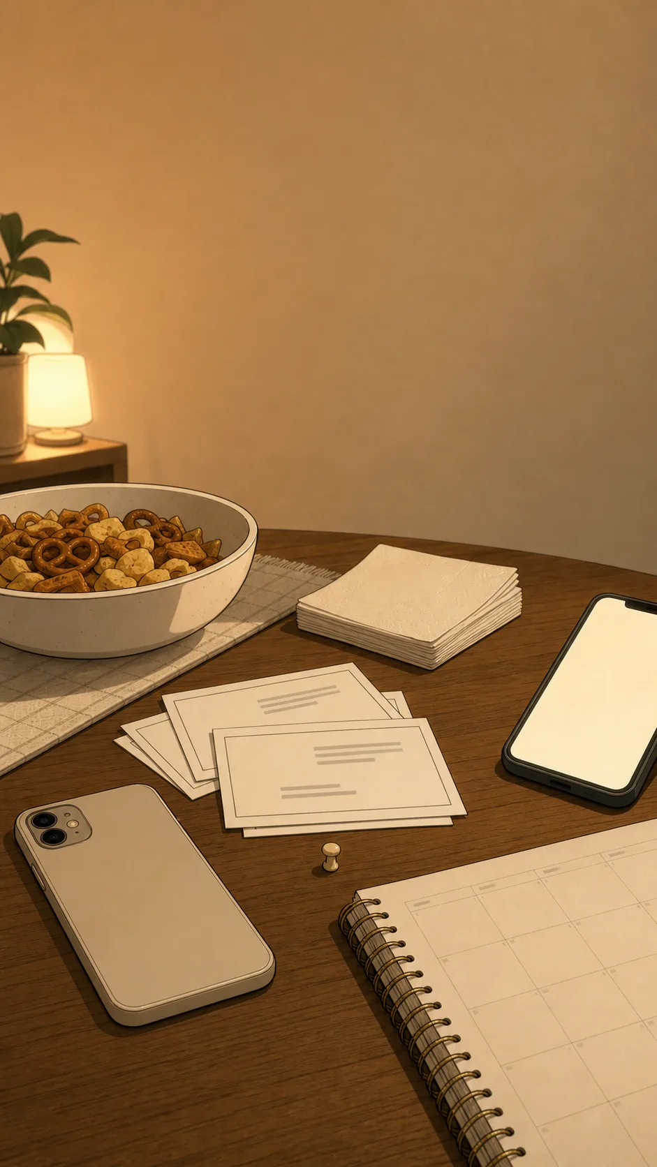 A generic apartment table shows a face-down phone, blank potluck cards, a small pin-shaped magnet, snacks, napkins, and an unmarked planner page.