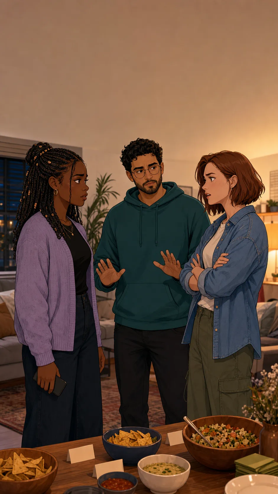Lena, Harper, and Mateo stand in a generic apartment living room beside a potluck table with blank cards and snack bowls.